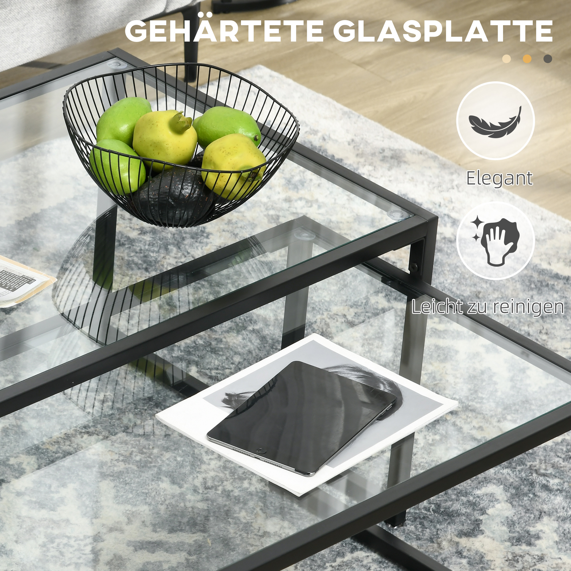 2er-Set Couchtische, Glastische, mit pulverbeschichtetem Stahl, Schwarz + Transparent