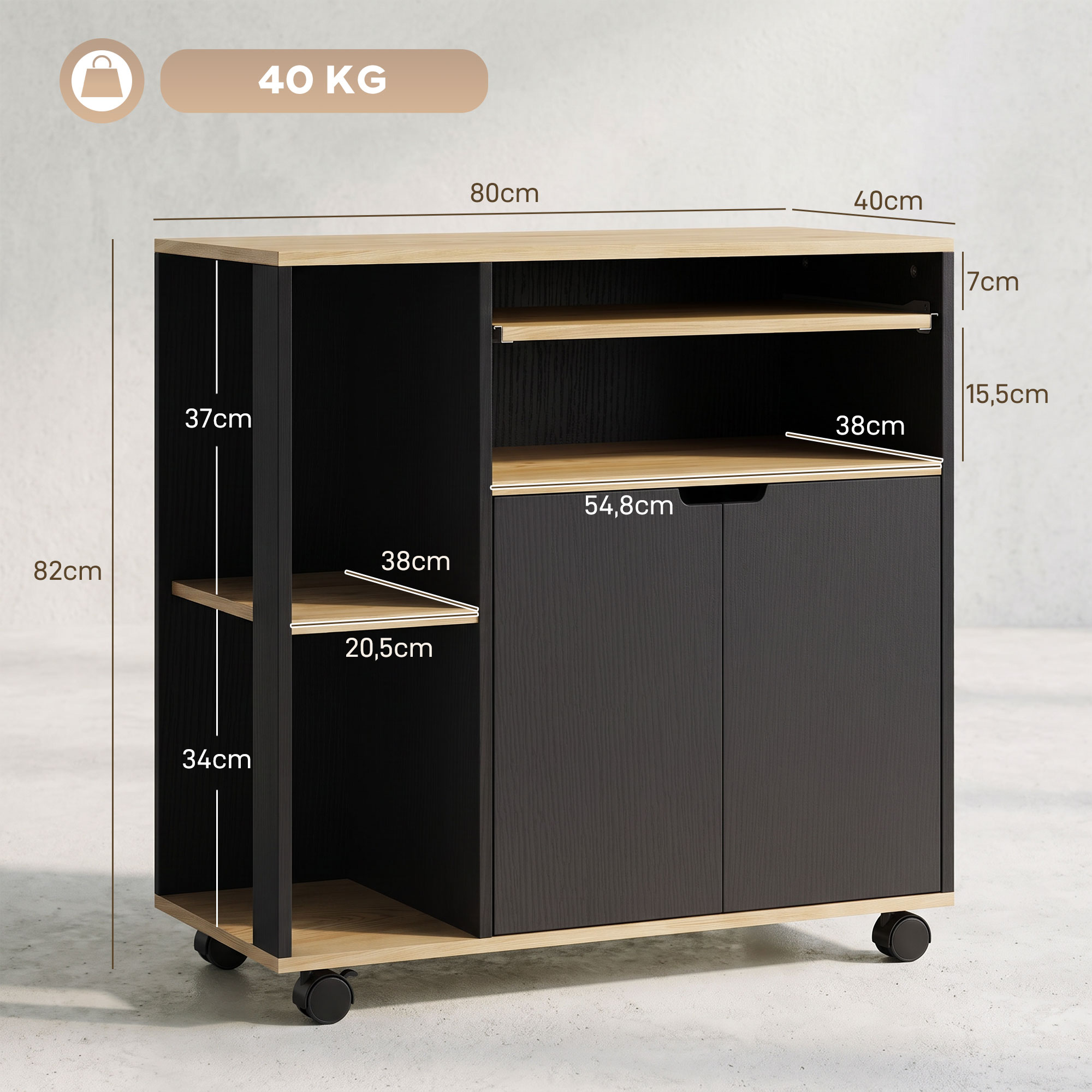 rollender Küchenwagen mit Stauraum, Schrank, verstellbare Regale, für Küche, Wohnzimmer, Esszimmer, Schwarz