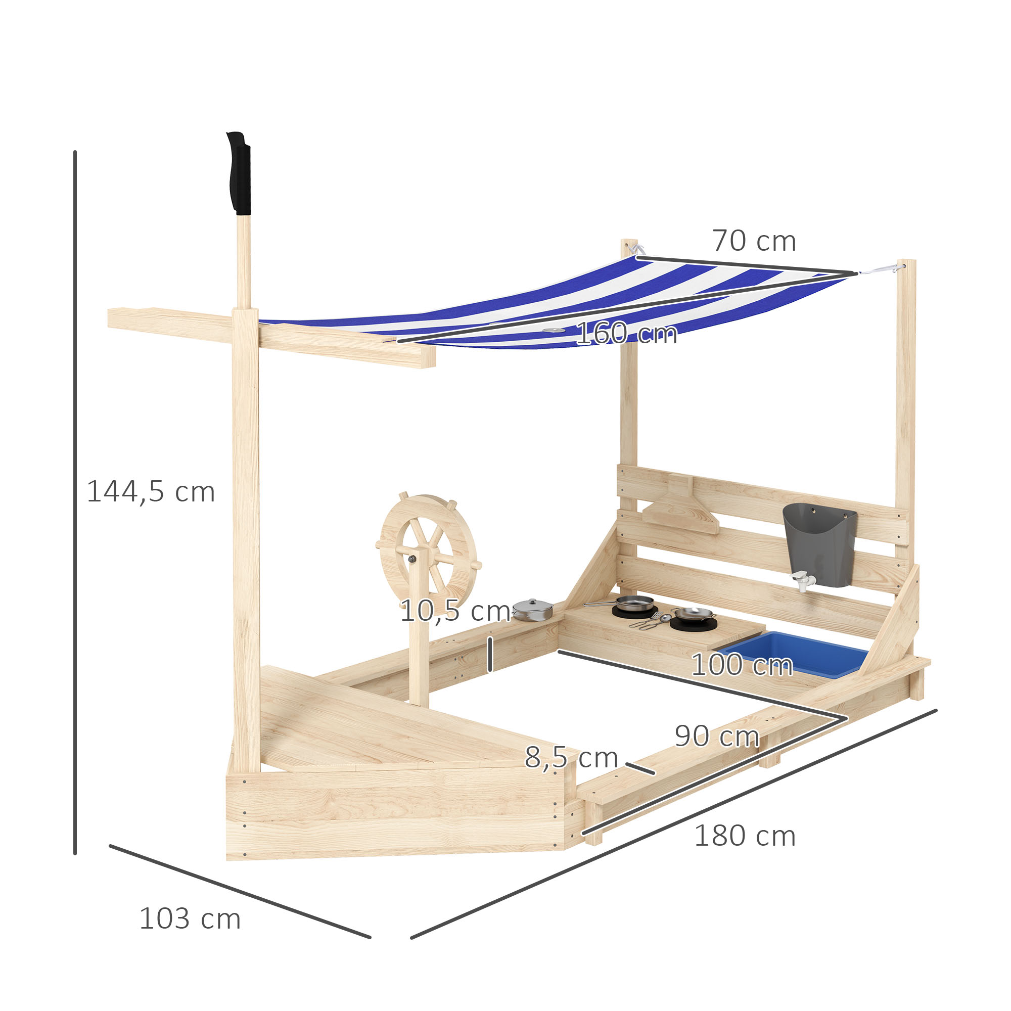 Sandkasten mit Sonnendach Piratenschiff, inkl. Kinderküchenspielset, Massivholz, 180 x 103 x 144,5 cm, Natur + Blau