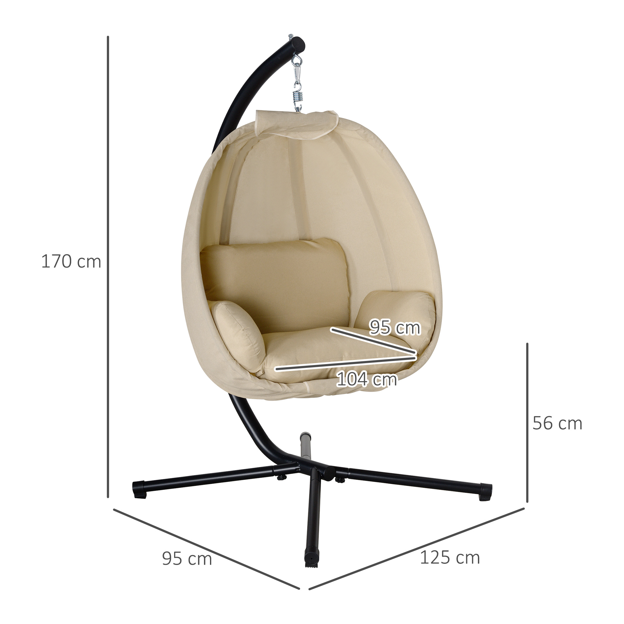 Hängesessel, Eiförmiger Schaukelsitz mit weichem Kissen, für drinnen und draußen geeignet, 125L x 95B x 170H cm, Khaki