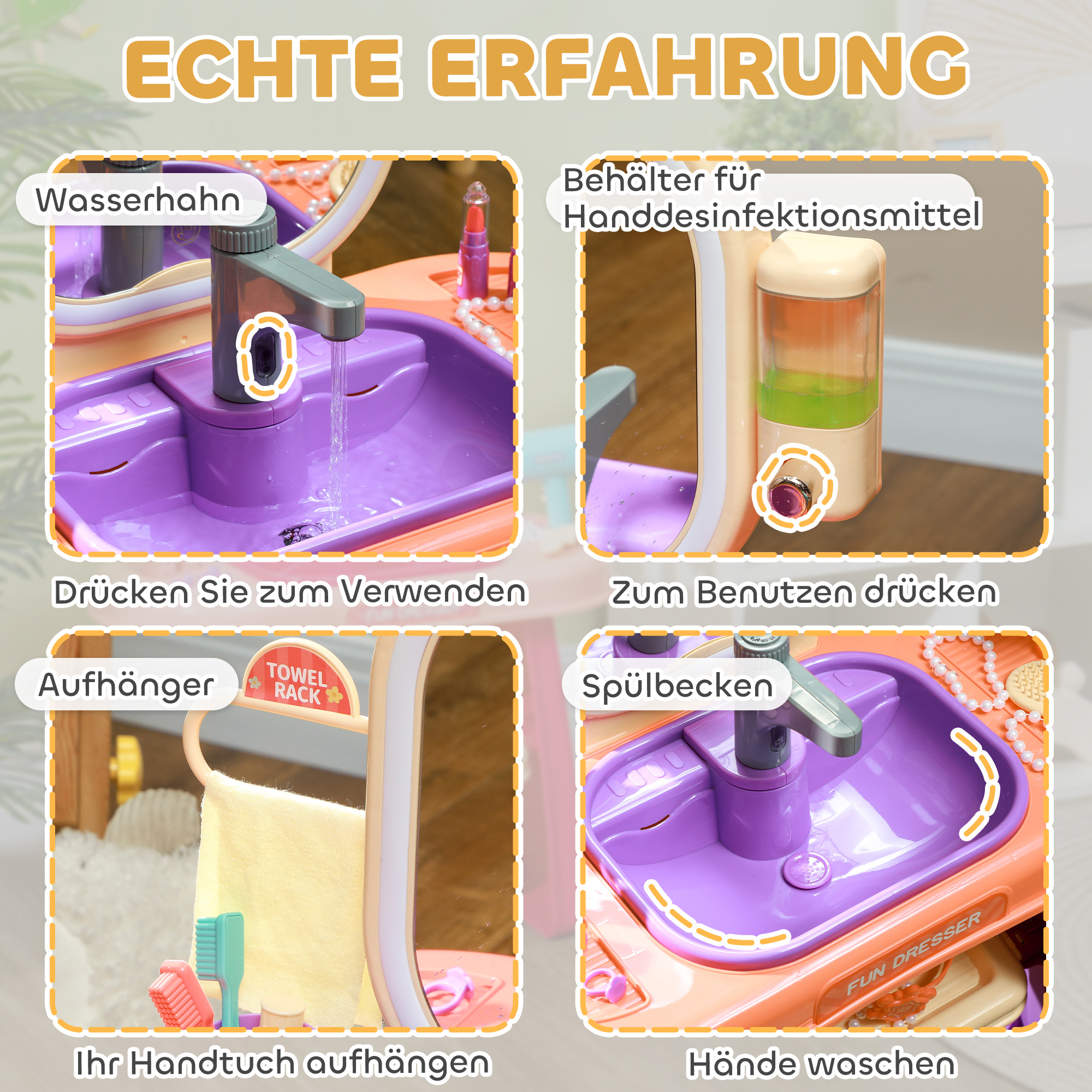 Kinderfrisiertisch mit LED-Spiegel, Musik, Wasserhahn, Acrylspiegel, Lila, 55x29x71 cm