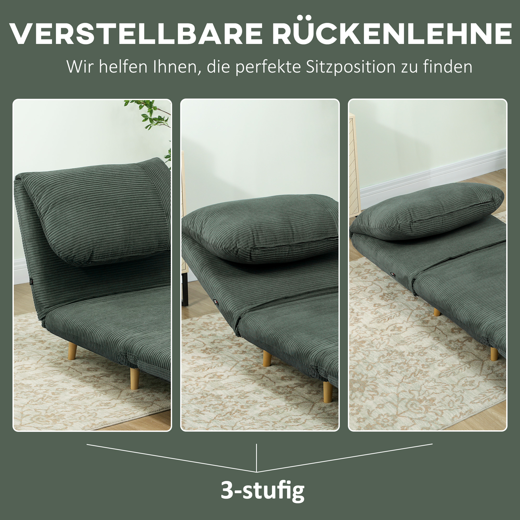2-in-1 Schlafsessel Gästebett, verstellbare  Kopfstütze Cord-Optik 82 cm x 87 cm x 89 cm Grün
