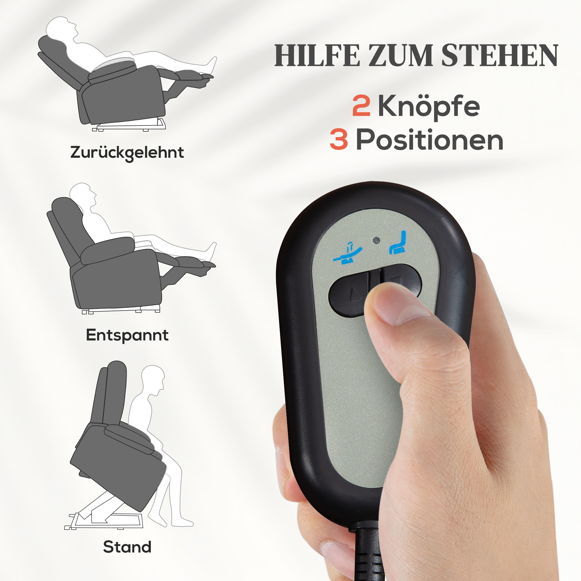 Relaxsessel mit Aufstehhilfe, 8 Massagepunkte, beheizbare Rückenlehne, Leinenoptik, Hellgrau