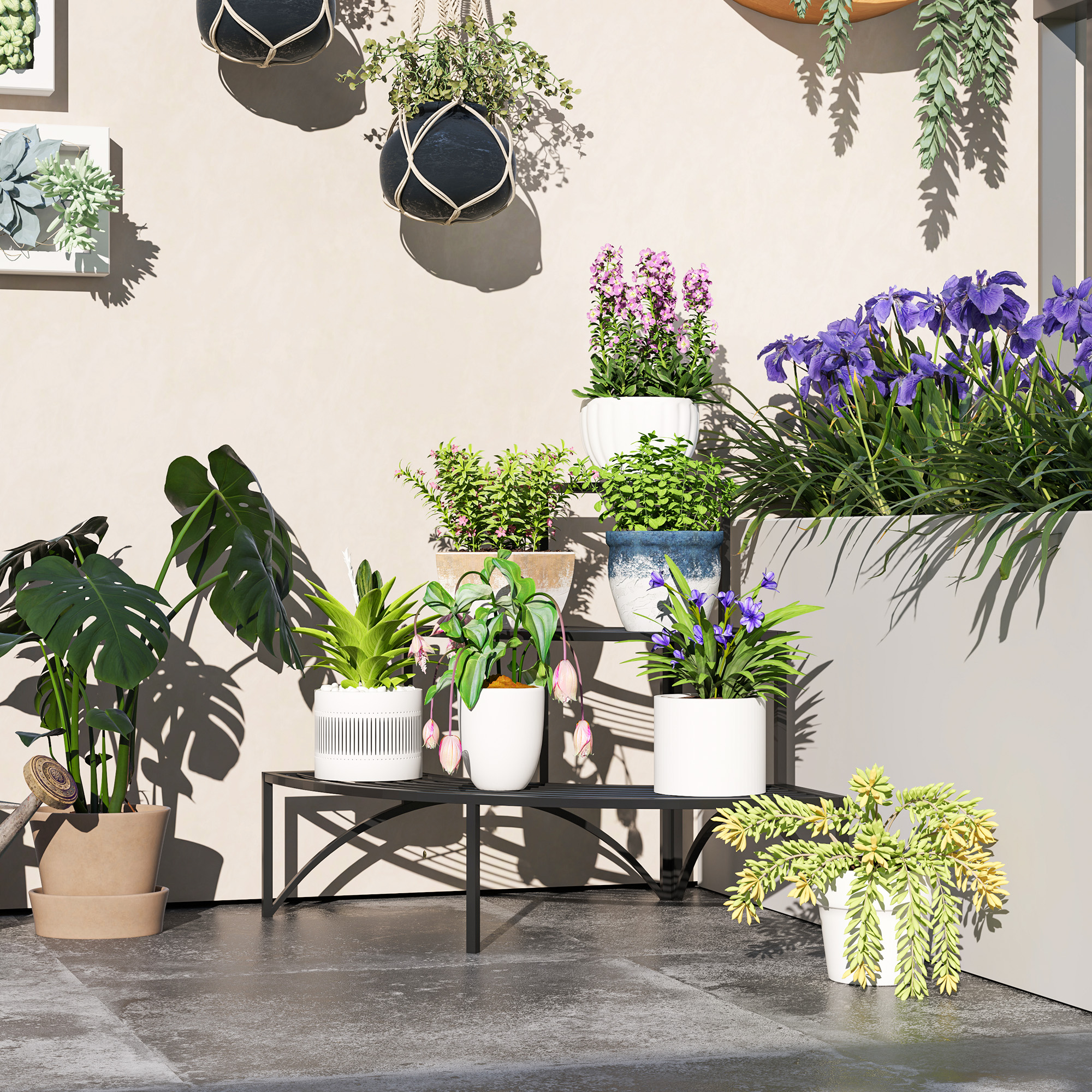 Eckpflanzenständer, Blumenständer mit 3 Ebenen, Metall, für drinnen und draußen, Blumentopfständer, Schwarz