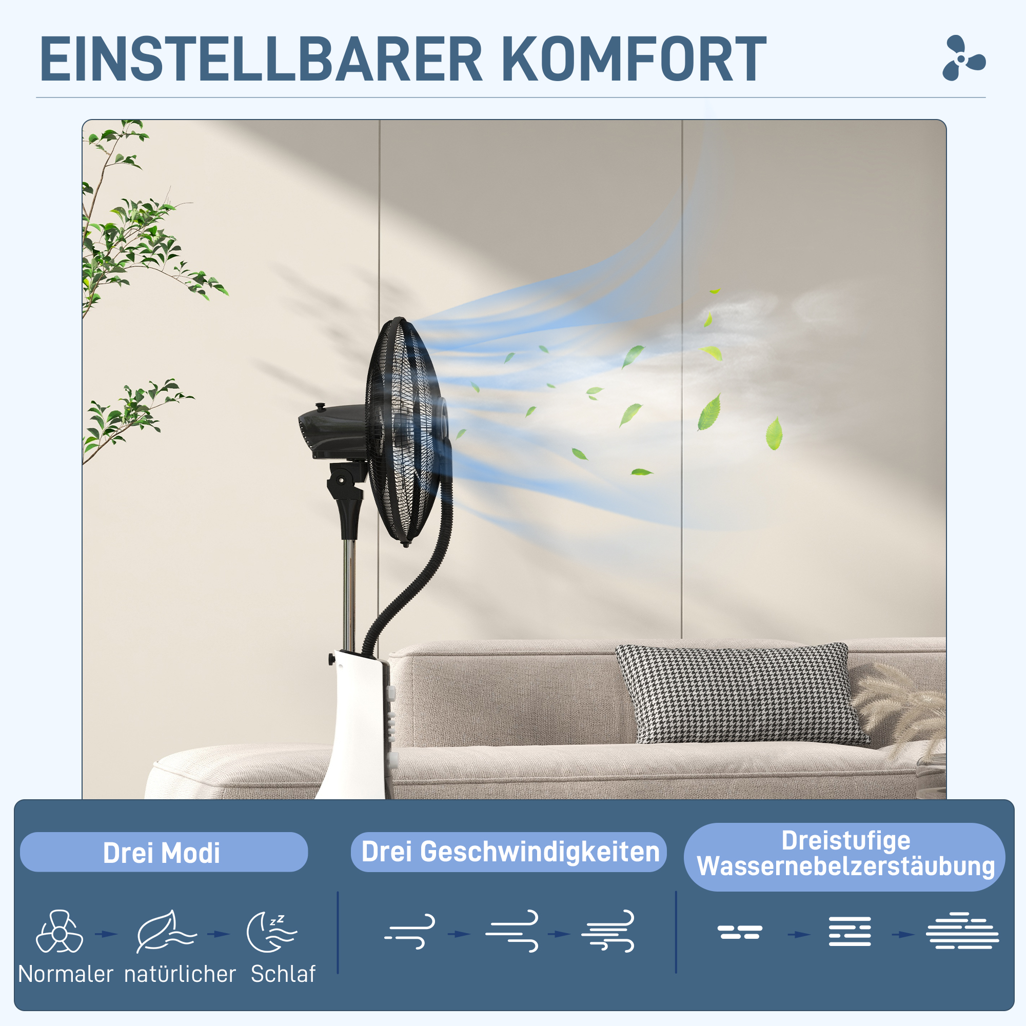 Standventilator mit Luftbefeuchtung, leise, mobil, Fernsteuerung, Schwarz/Weiß
