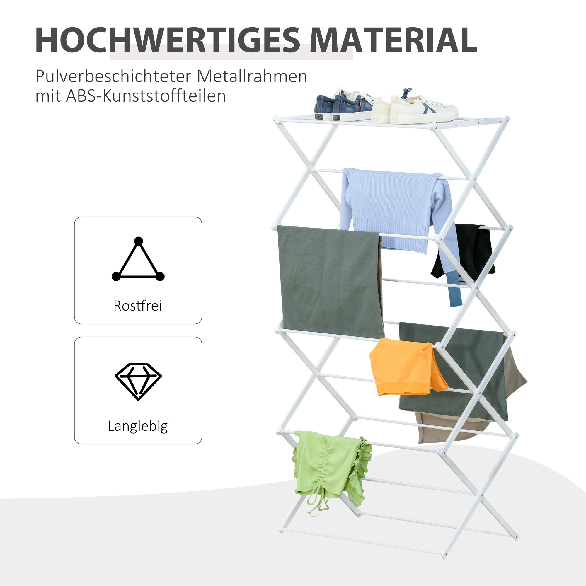 Wäscheständer faltbar 8-stufiger Trockengestell Turmtrockner Turmwäscheständer Trockenständer Metall Kunststoff Weiß 74 x 35 x 144 cm