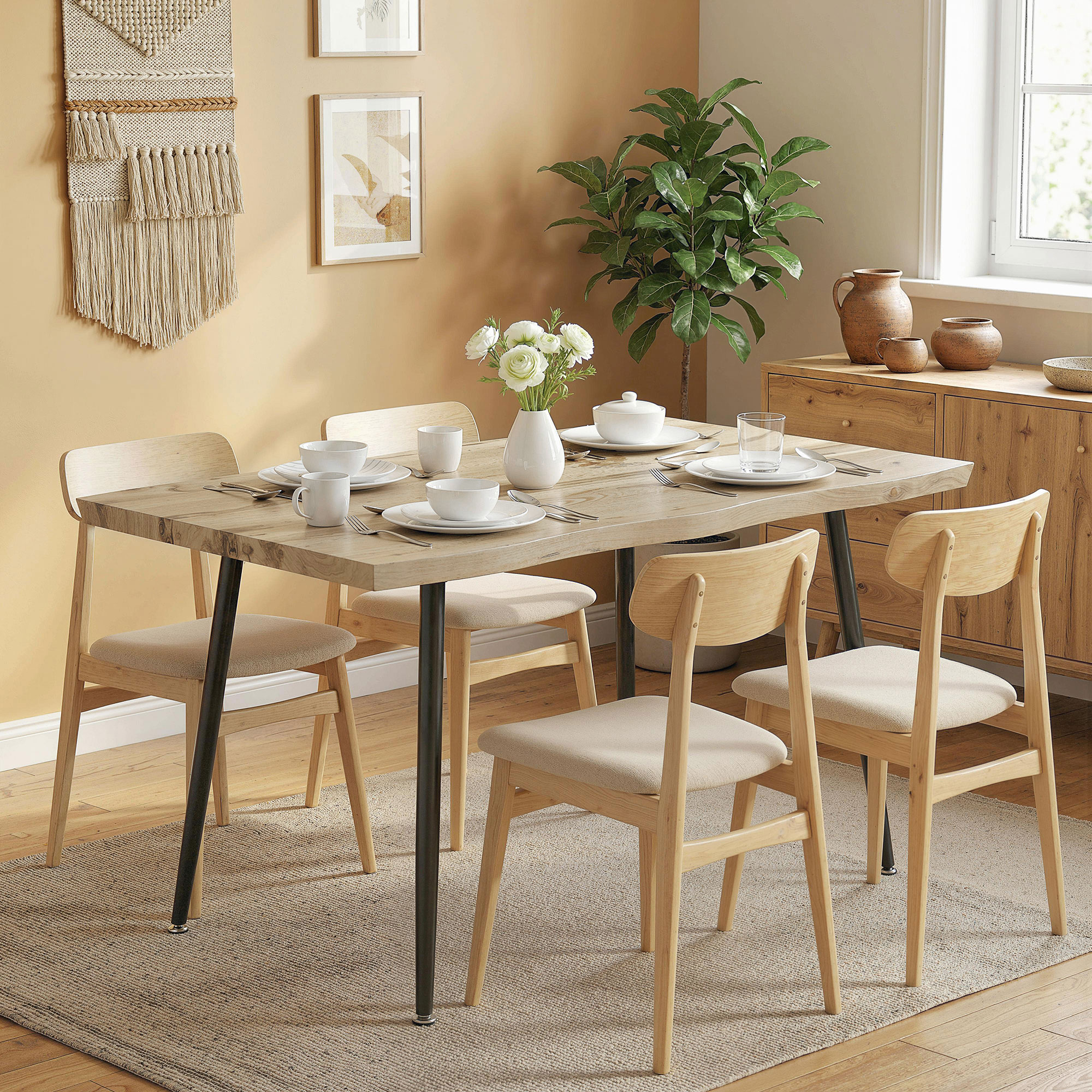 Esstisch für 4 Personen, 110 cm Nordischer Rechteckiger Küchentisch mit Stahlbeinen für Wohnzimmer und Esszimmer, Eiche