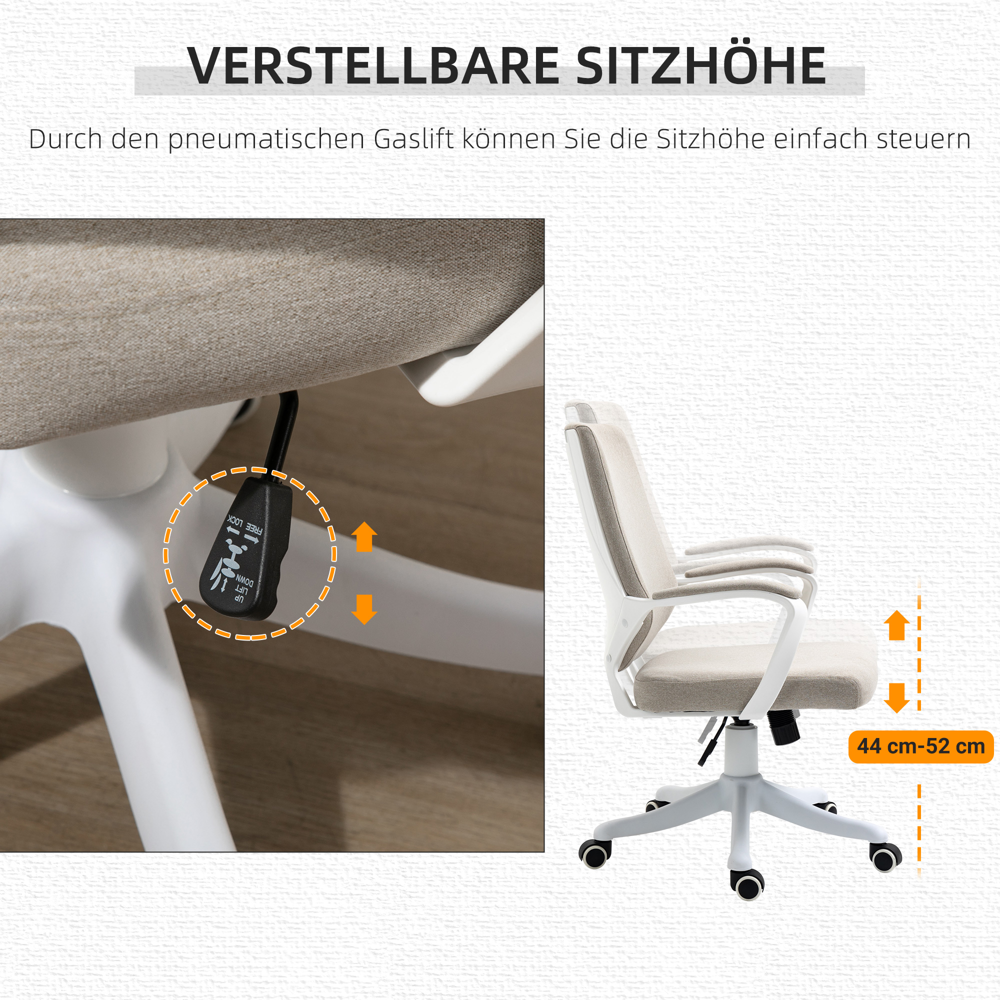 Bürostuhl Schreibtischstuhl Home-Office-Stuhl mit Wippenfunktion Rückenlehne höhenverstellbarer dick gepolstert ergonomisch 360°-Drehräder Polyester Nylon PP Beige+Weiß 62x69x92-100 cm