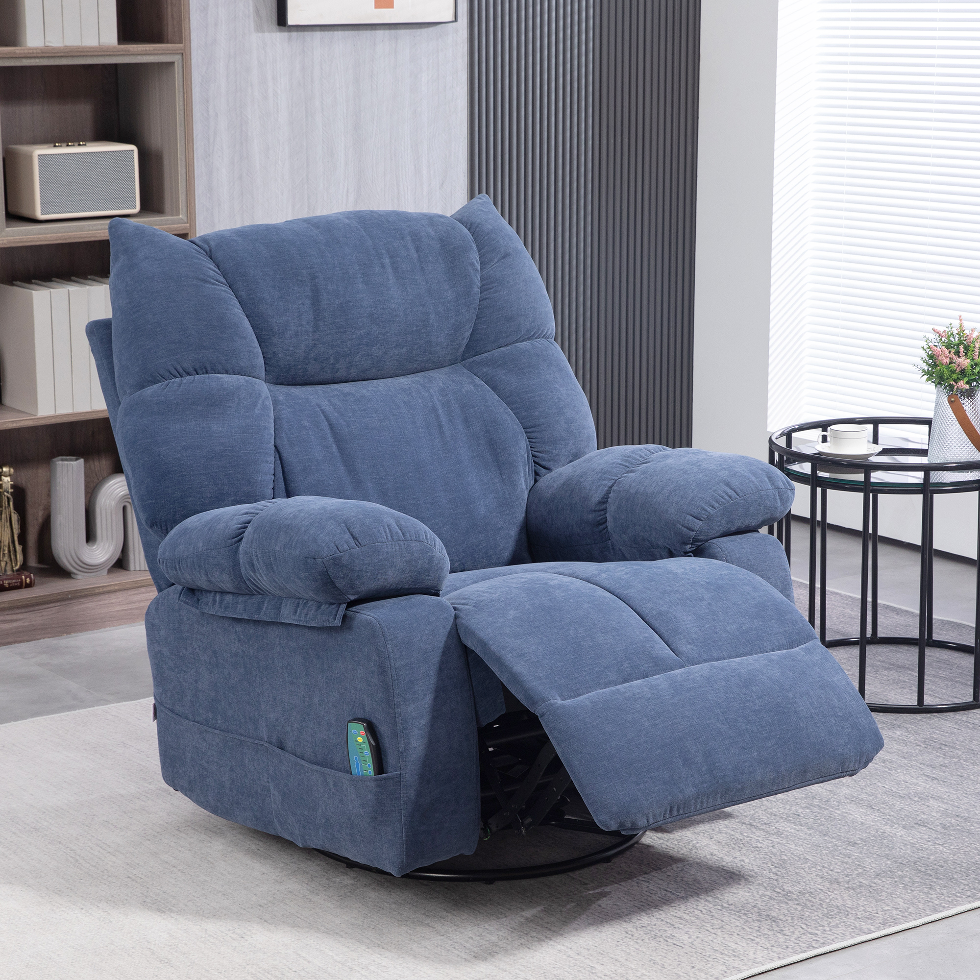 Massagesessel mit Wärme- & Liegefunktion, drehbar, bis 150 kg, Metallgestell, 98x90x98cm, Blau