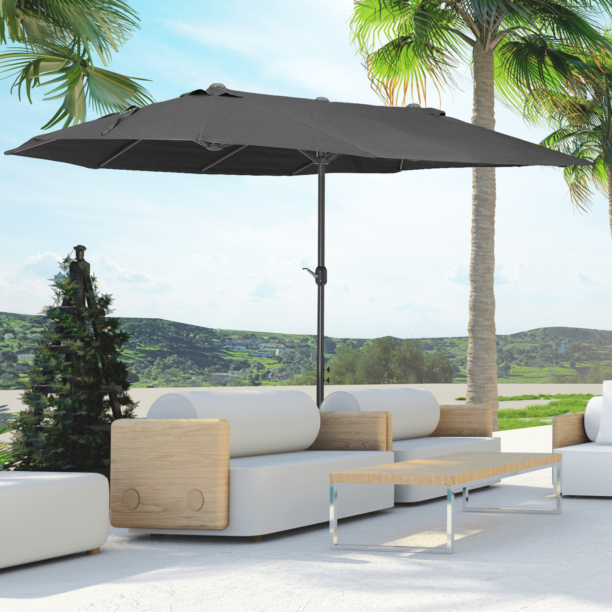 Doppelsonnenschirm 455 x 270 cm Gartenschirm mit Handkurbel oval stabil Metallstange Marktschirm Doppelsonnenschirm Terrassenschirm Sonnenschutz für Strand Balkon Terrasse Garten Schwarz
