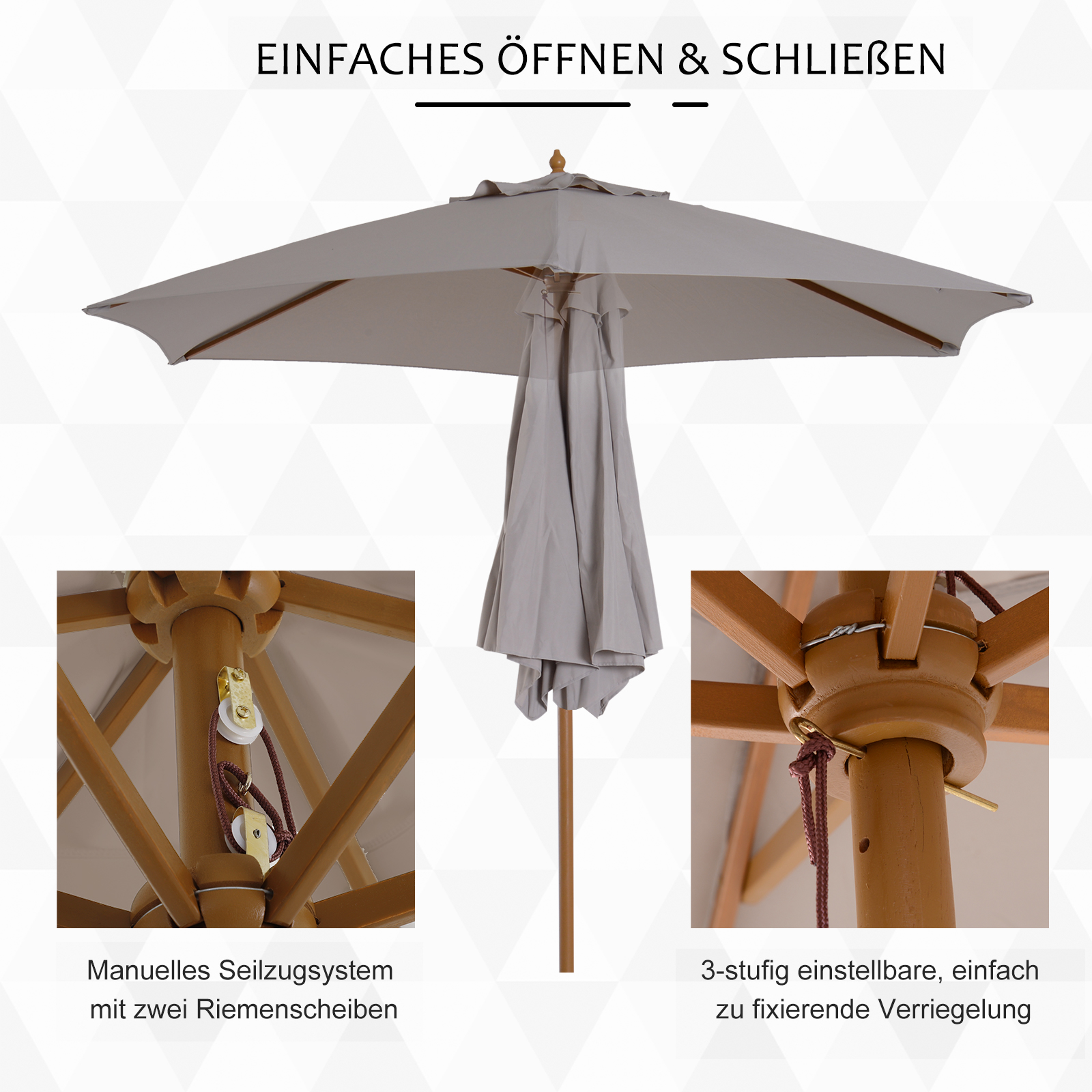 Sonnenschirm Ø 250 cm, Sonnenschirm mit Seilzugmechanismus Balkonschirm Strandschirm aus Bambus windfest Marktschirm Sonnenschutz für Balkon Terrasse Garten, Grau