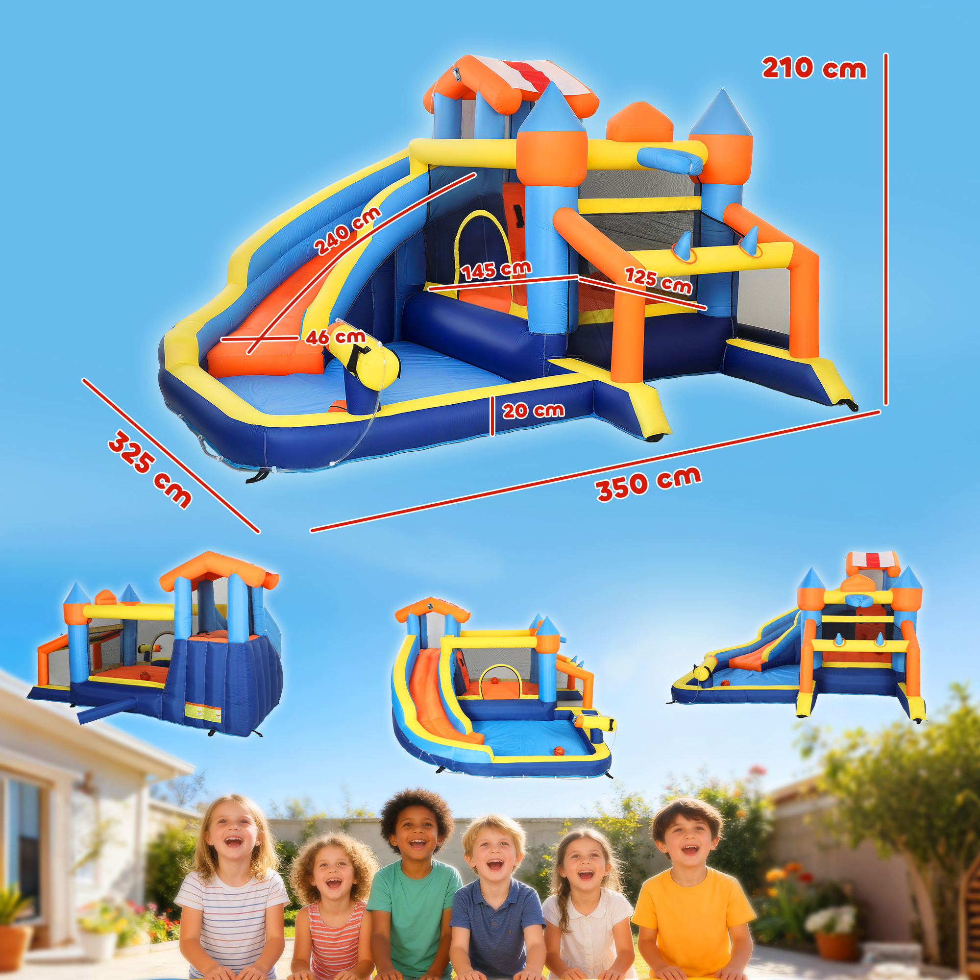 8-in-1 Hüpfburg mit Gebläse Rutsche Planschbecken Trampolin Kletterwand für Indoor Outdoor 350x325x210cm Mehrfarbig