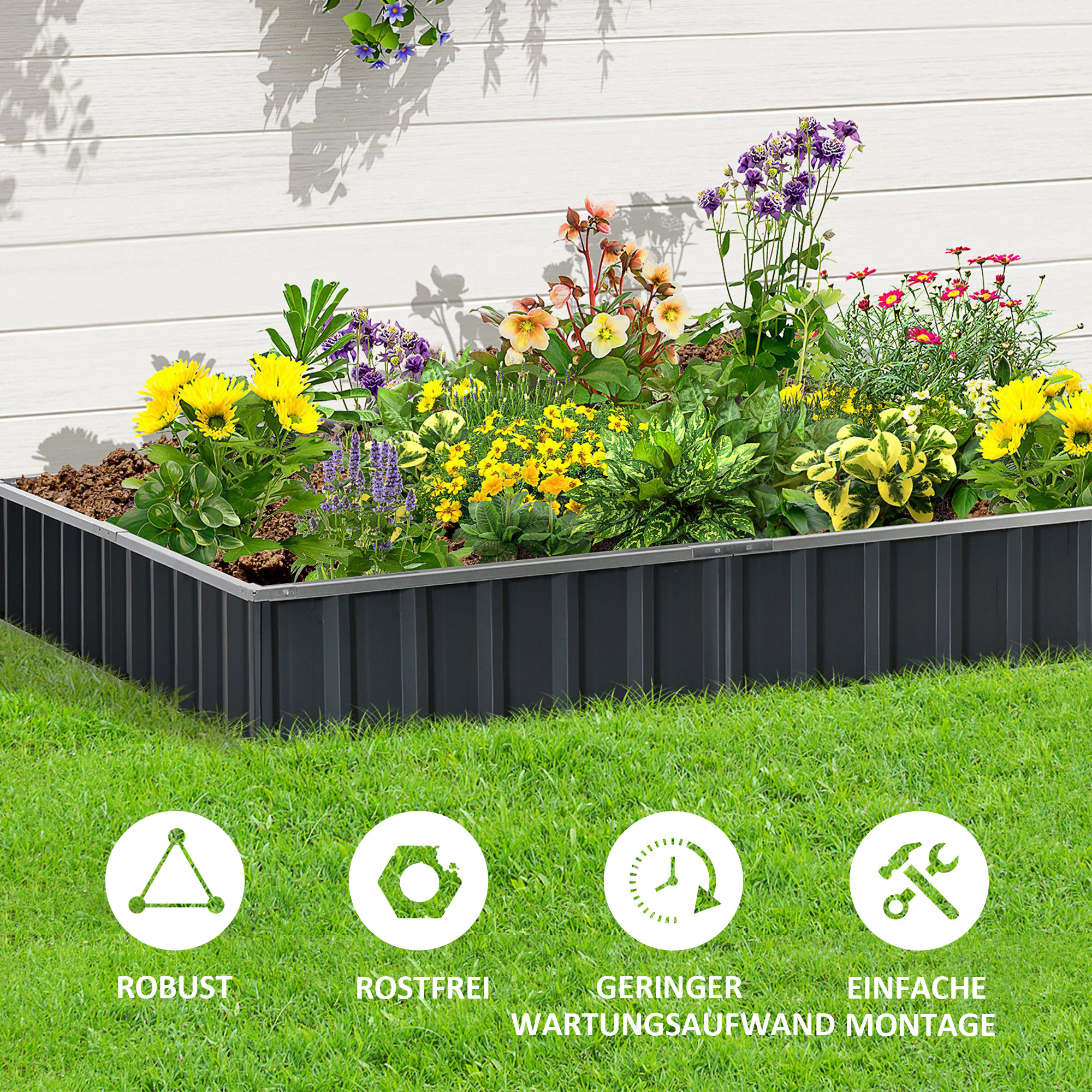 Hochbeet aus Stahl DIY Gartenbeet mit T-Form-Pflanzenschilder Handschuhe Pflanzenbeet Kräuterbeet Blumentreppe für Balkon Garten Dunkelgrau 258 x 90 x 30 cm