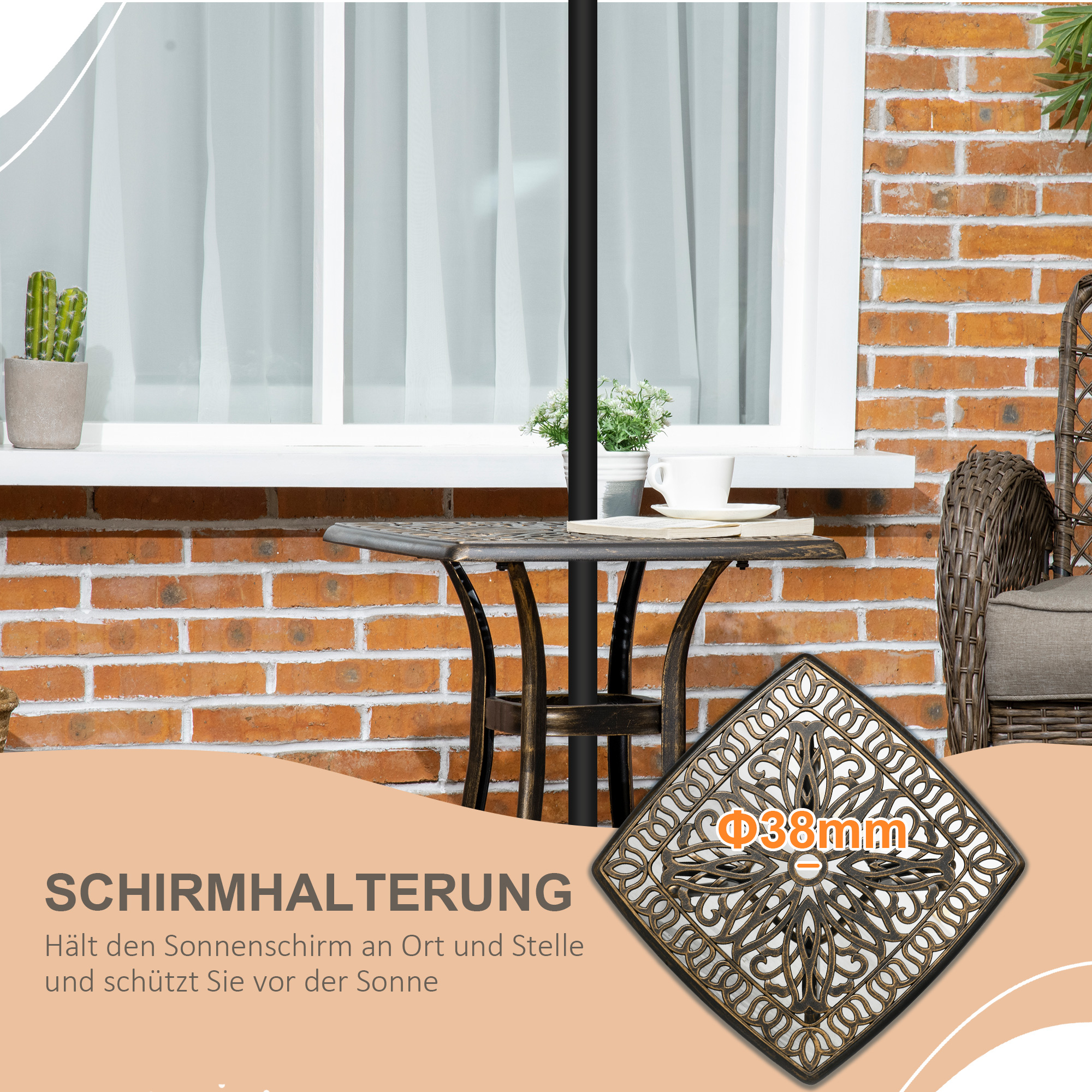 Gartentisch, dekoratives Vintage-Design, mit Schirmloch, Aluminiumguss, Farbe: Bronze, 54 x 54 x 52,5 cm