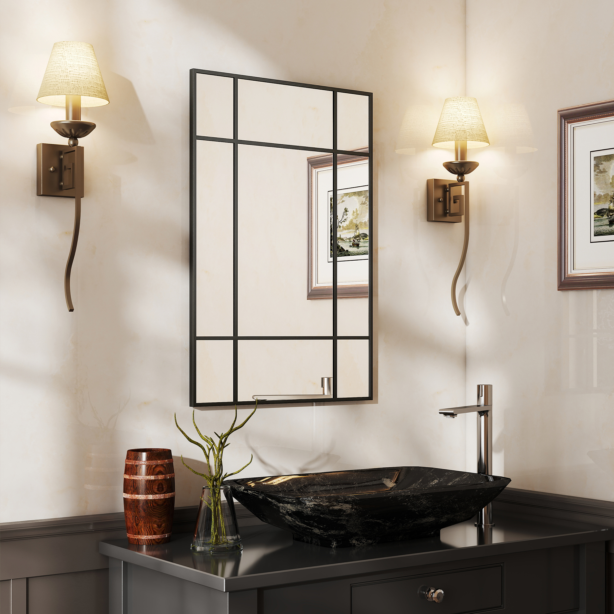 Wandspiegel, dekorativer Spiegel mit Metallrahmen, schwarze Streifen, Mehrschichtglas, 90B x 2T x 60H cm