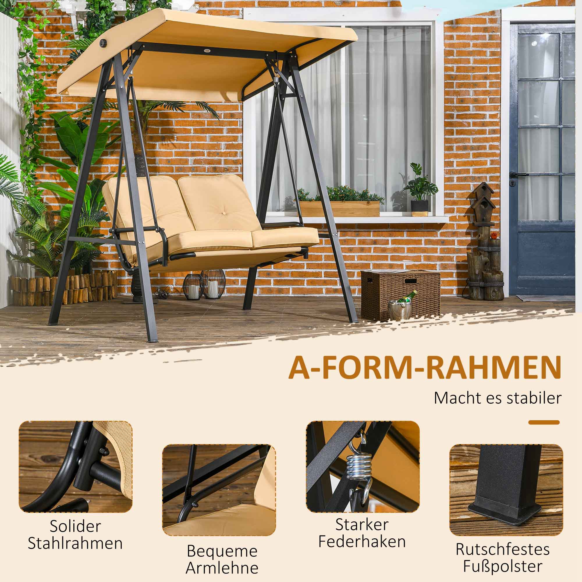 Hollywoodschaukel, 2-Sitzer Gartenschaukel mit verstellbarem Dach, bis 220 kg belastbar, 145 x 116 x 172 cm, Beige