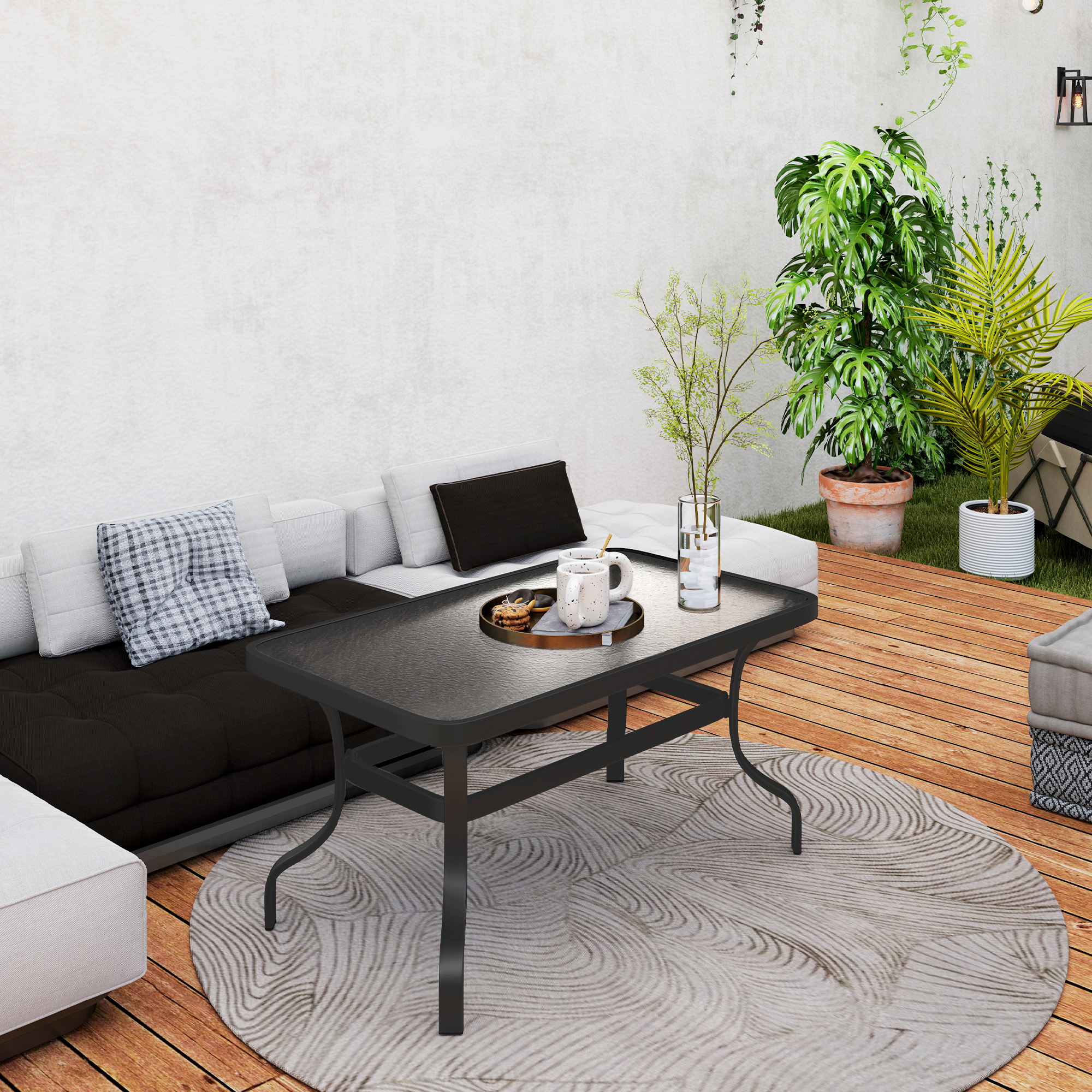 Beistelltisch Hartglas Kaffeetisch Couchtisch mit Wellendesign, Abgerundete Ecke Balkontisch 95x55 cm Schwarz