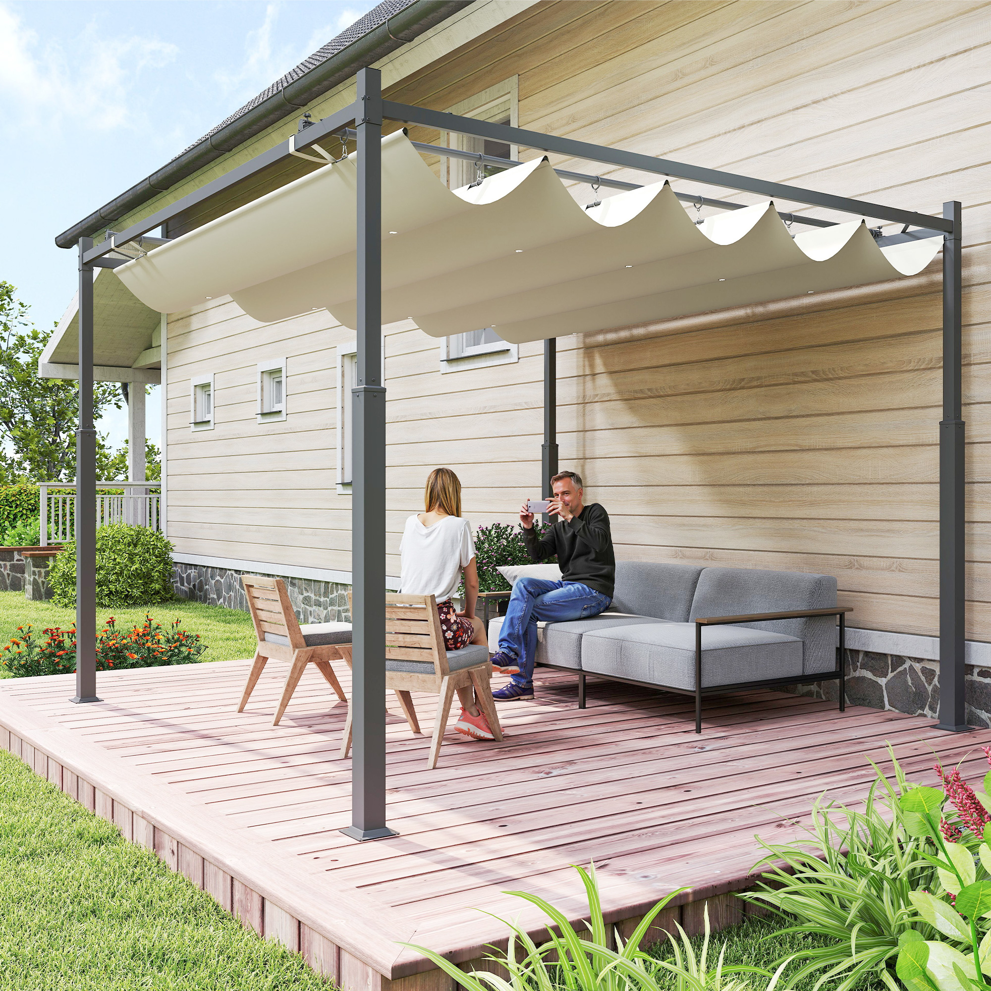 Garten-Pergola, 3 x 3 m, Ausziehbares Dach und Magnetpad, Outdoor-Baldachin, Garten-Pavillon, UPF30+, Metall, Cremeweiß