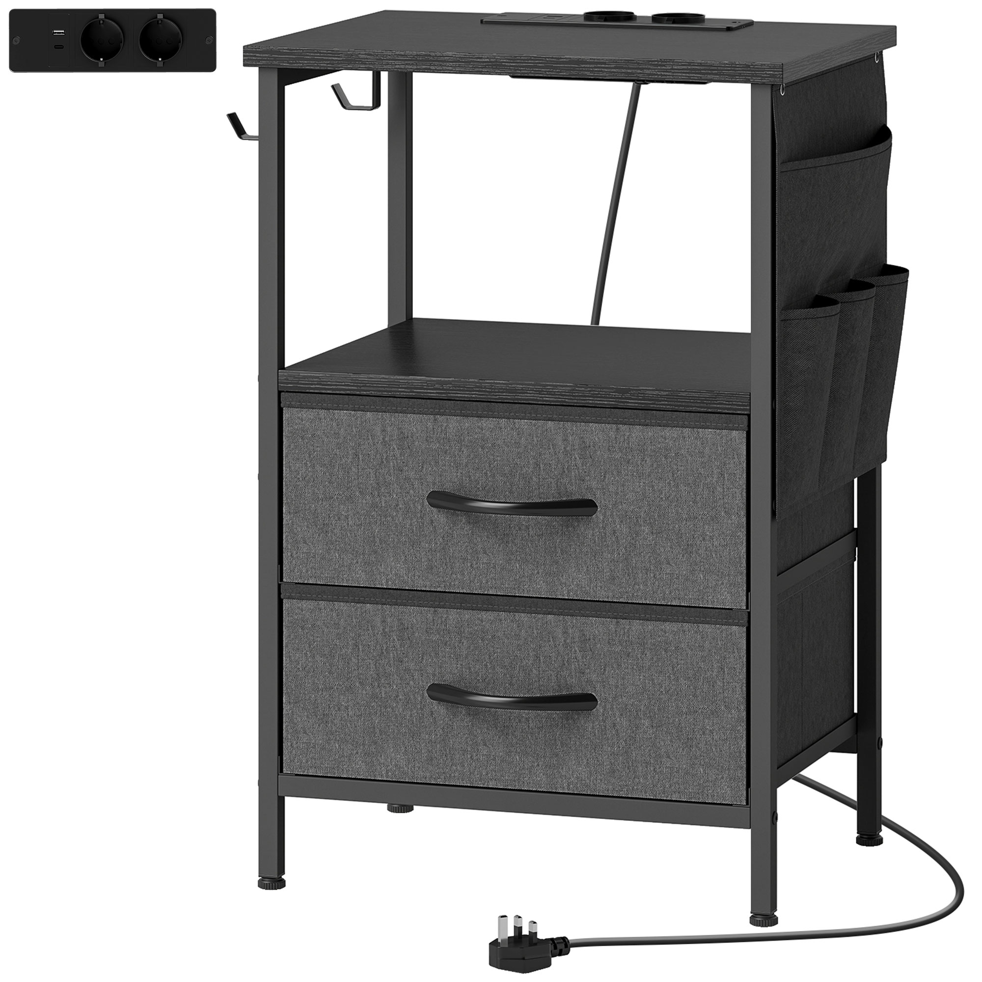 Couchtisch Beistelltisch mit Ladestation, Stahlrahmen, USB-C-Anschlüssen, Schubladen, Haken, 40cm x 30cm x 60cm Schwarz