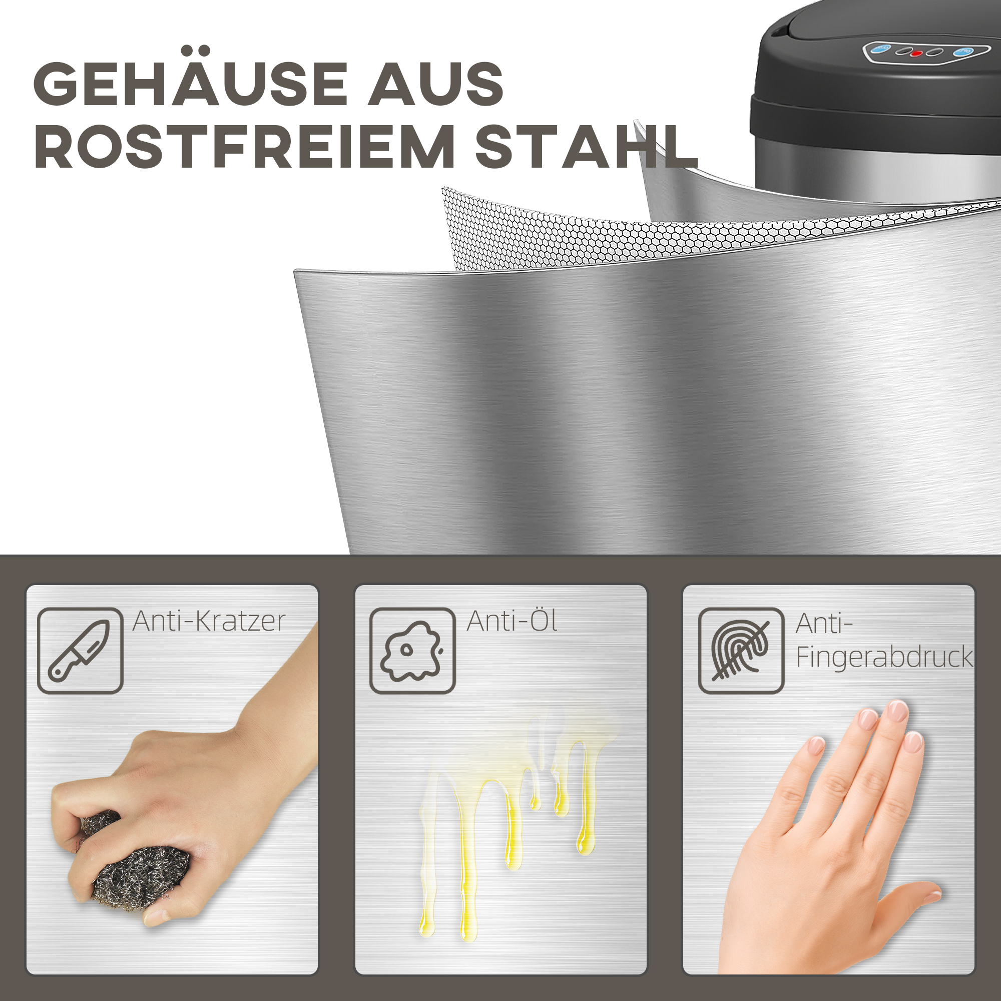 50 Liter Sensor-Mülleimer mit Soft-Close-Funktion, berührungsfreier Abfalleimer aus Edelstahl für hygienische Küchen, Büros, Silberfarben