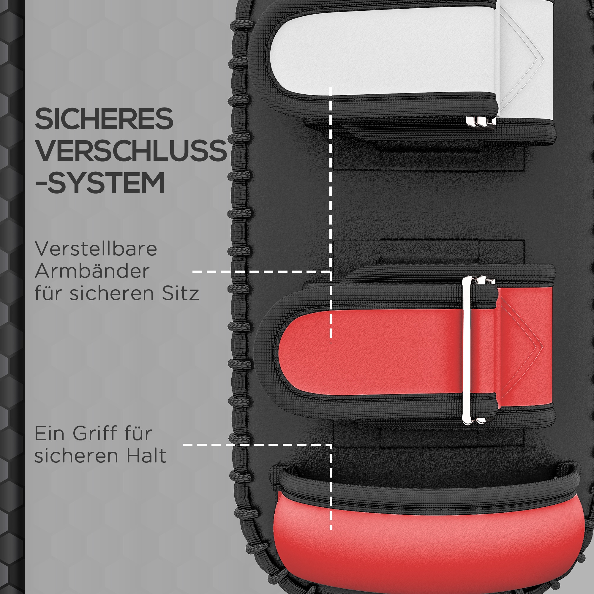 Kickpolster fürMuay Thai, Kickboxen, Kunstlederbezug, 0,4 kg, 38x20x18 cm, Schwarz/Rot/Weiß