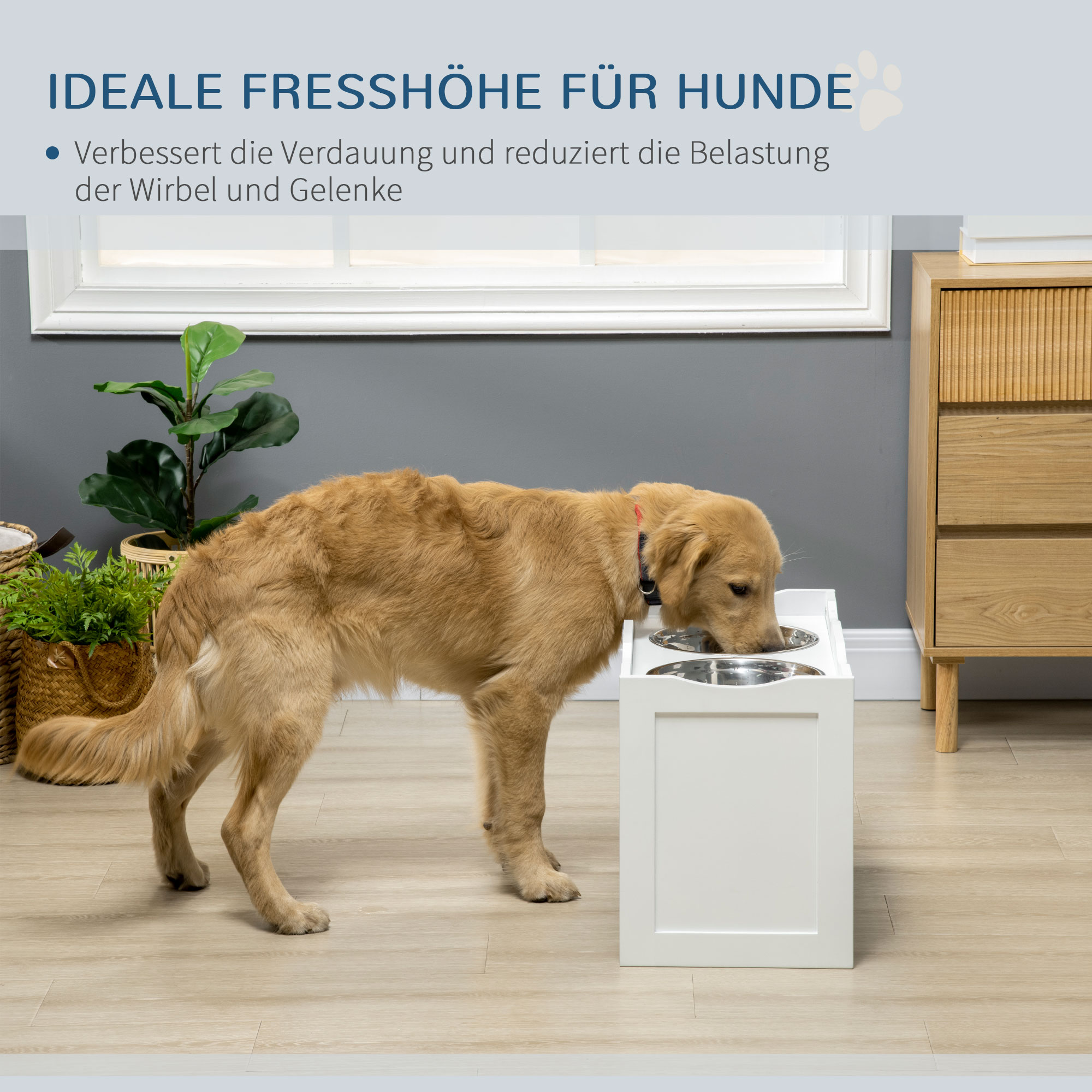 Futterstation, Napfständer, 2 Fressnäpfe je 2 Liter, Edelstahl, für große Hunde, weiß, 63 x 30 x 24cm