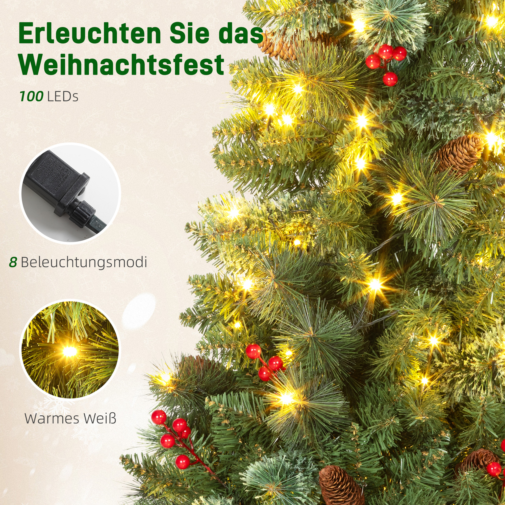 Künstlicher Weihnachtsbaum 120 cm Tannenbaum künstlich mit 100 LED Beleuchtung, 8 Modi, 214 Spitzen