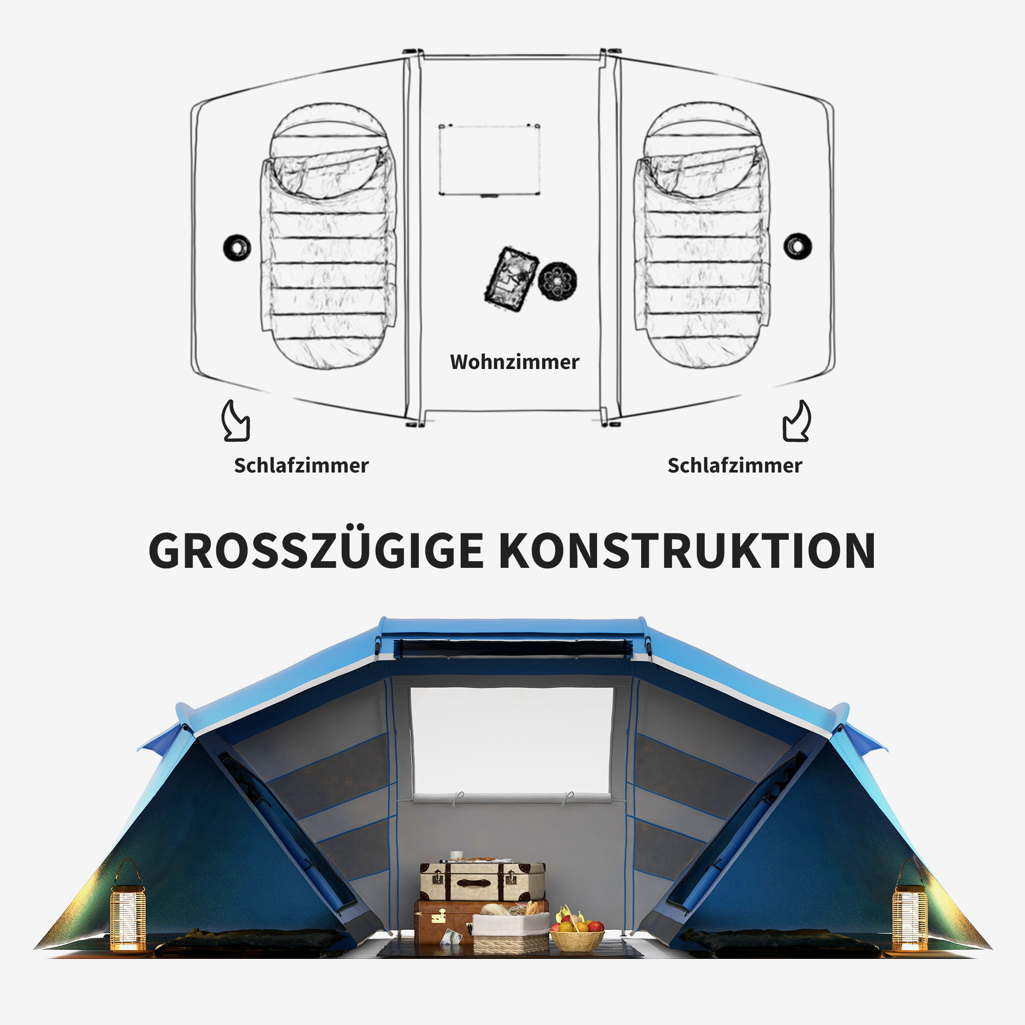 Campingzelt für 4-6 Personen leicht, stabil wasserdicht Familienzelt mit Eingang Bodenplane, Zelt mit 2000mm Wassersäule Tunnelzelt Kuppelzelt für Camping Reise Trekking Garten, Blau