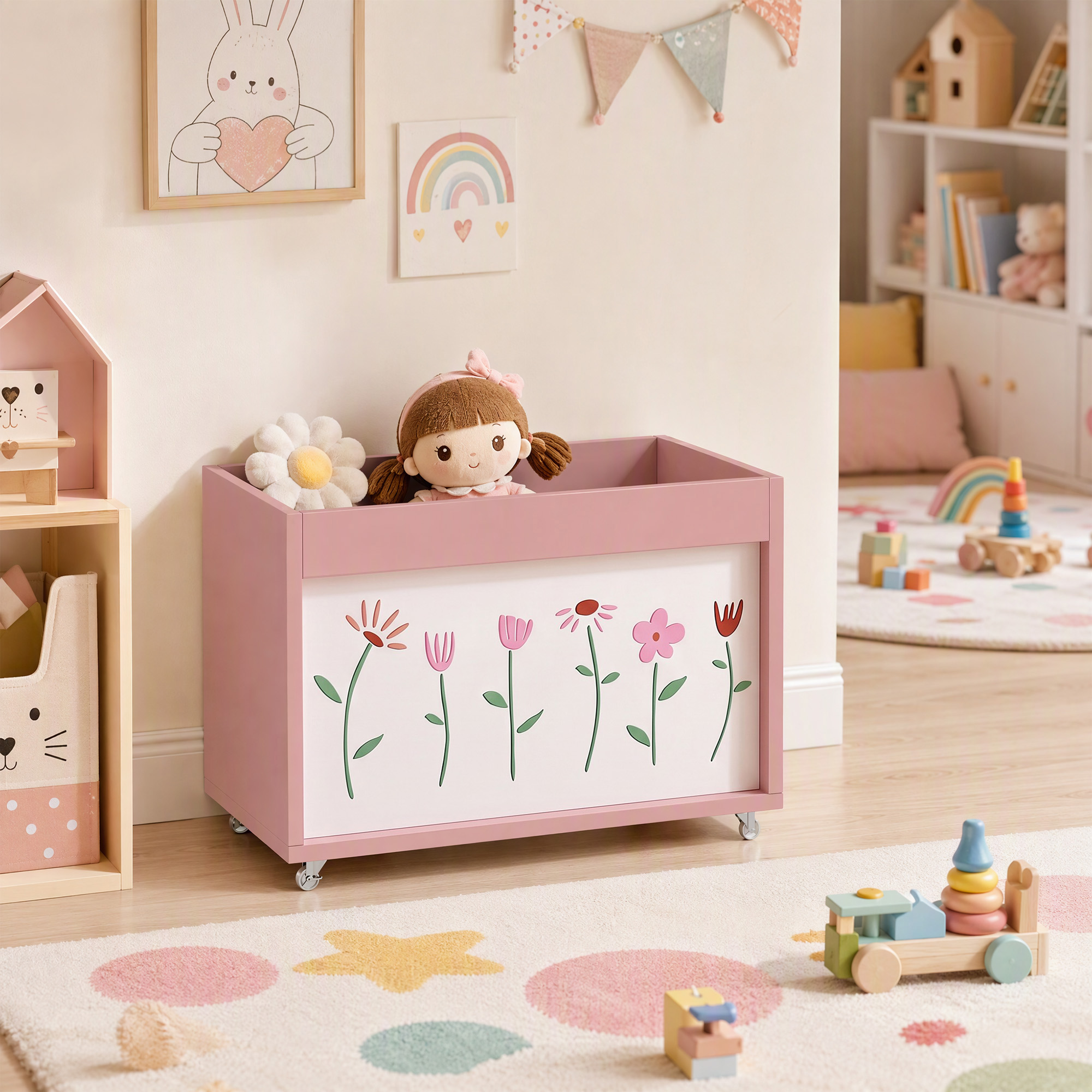 Spielzeugkiste, Aufbewahrungsbox mit Rollen Bremsen, 34,5 L offene Spielzeugtruhe mit Blumenmuster, 50 x 30 x 33,5 cm