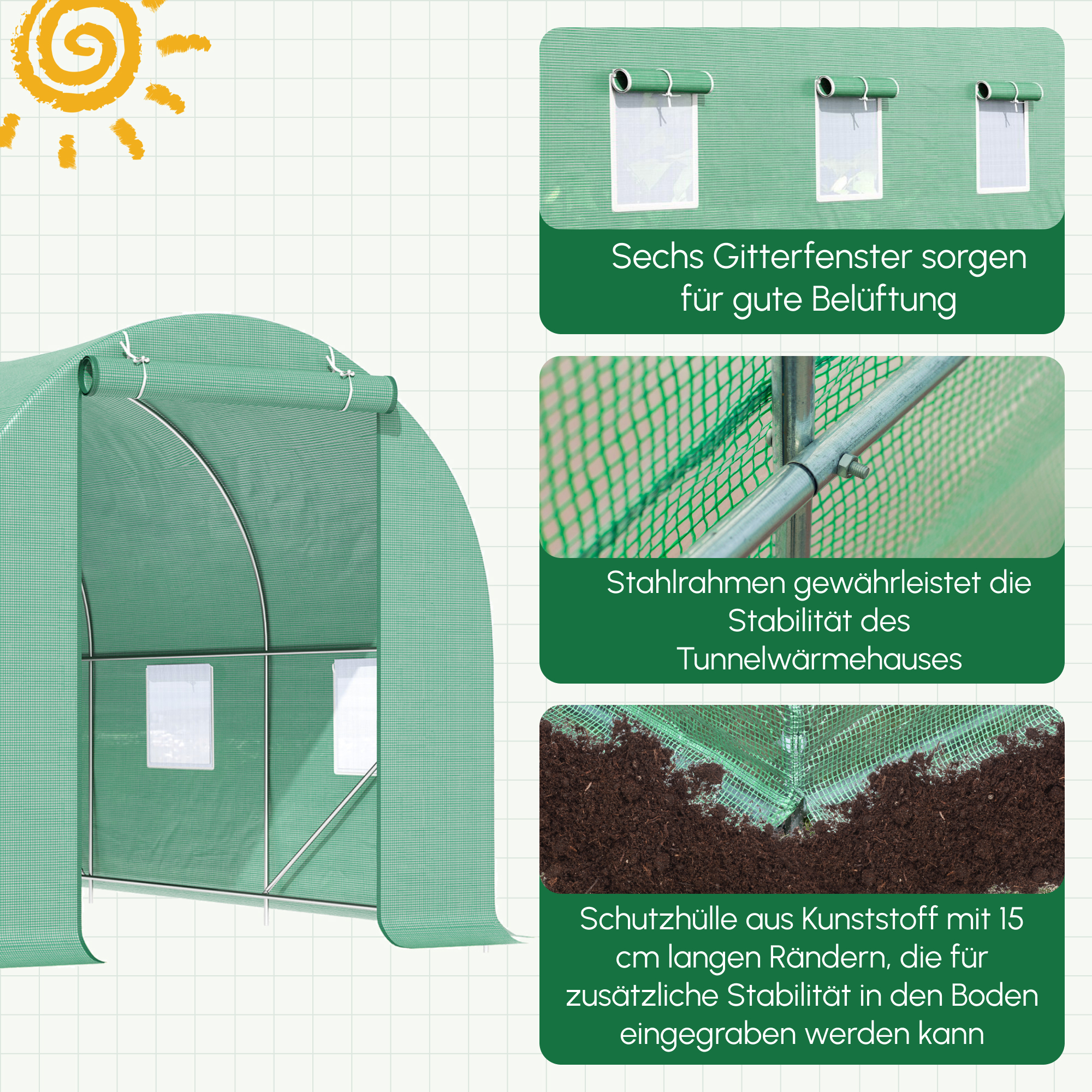 Gewächshaus 445x190x200cm Foliengewächshaus Tomatenhaus Tür mit Moskitonetz, Fenster, Folientunnel aus verzinktem Stahl, stabiles Pflanztunnel, Treibhaus inkl. Erdanker Seilen, Grün