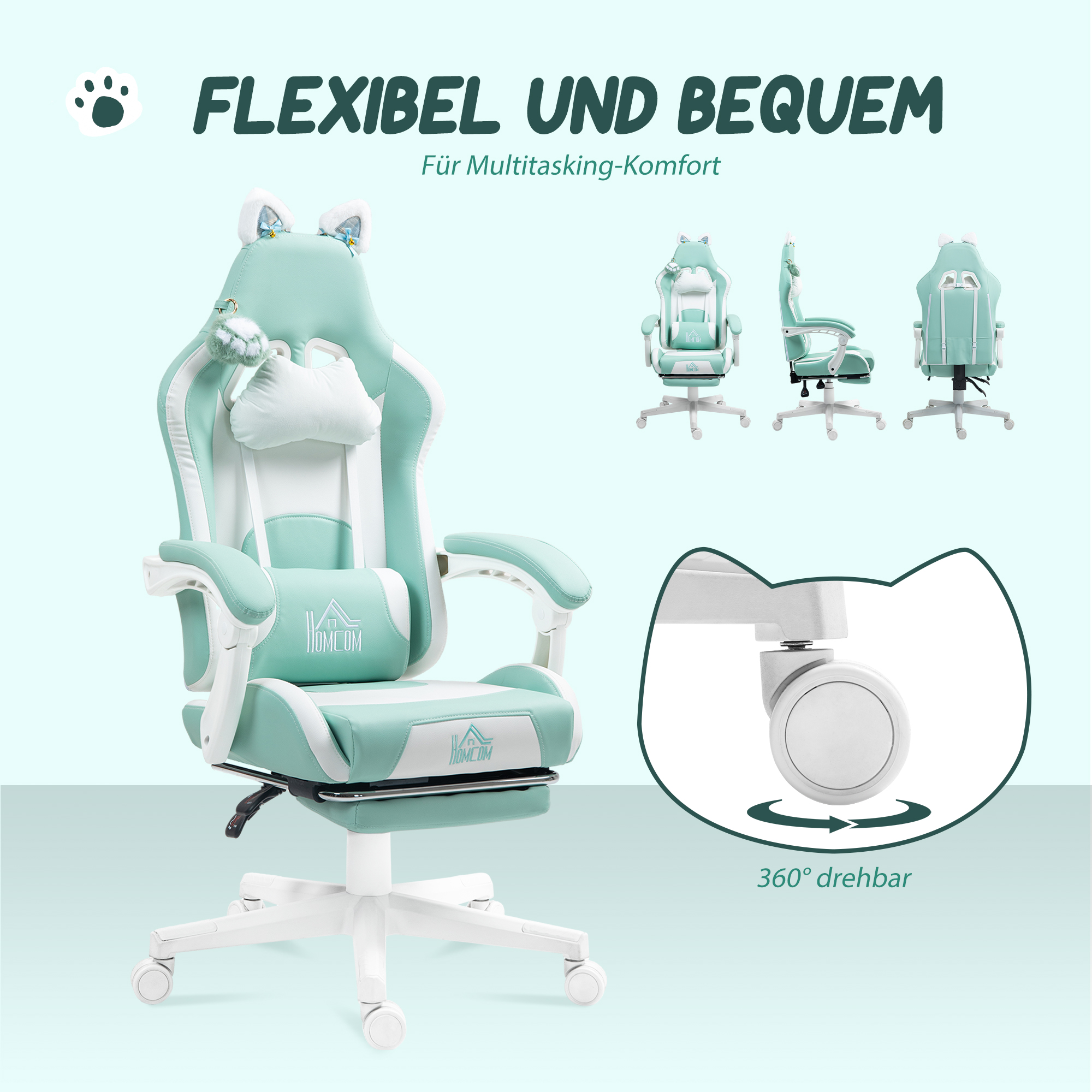 Gaming-Sessel mit Katzenohren, neigbare Lehne, ausziehbare Fußstütze, bis 120 kg belastbar, Seeblau