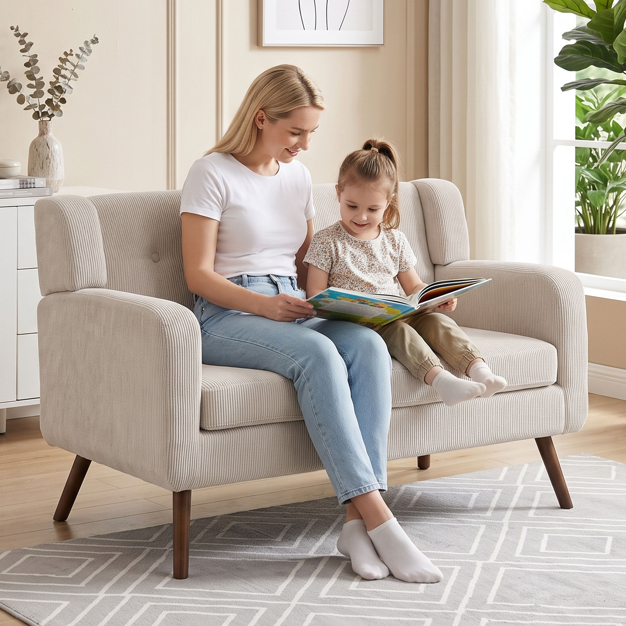2 Sitzer 118 cm Couch mit Cord-Optik, Knopfheftung Bequeme Modernes Polstersofa mit Holzbeinen für kleine Räume