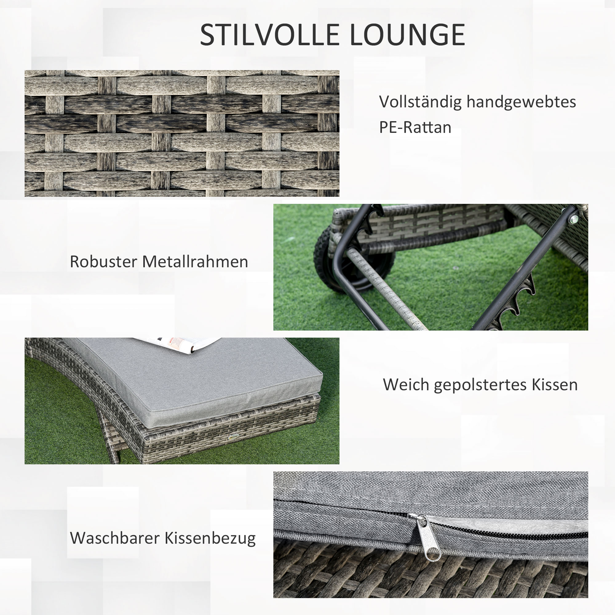 Polyrattan Sonnenliege Gartenliege mit Kissen 5-stufig verstellbar Rattanliege Gartenmöbel Liege S-Form Metall Grau 207 x 70 x 70 cm