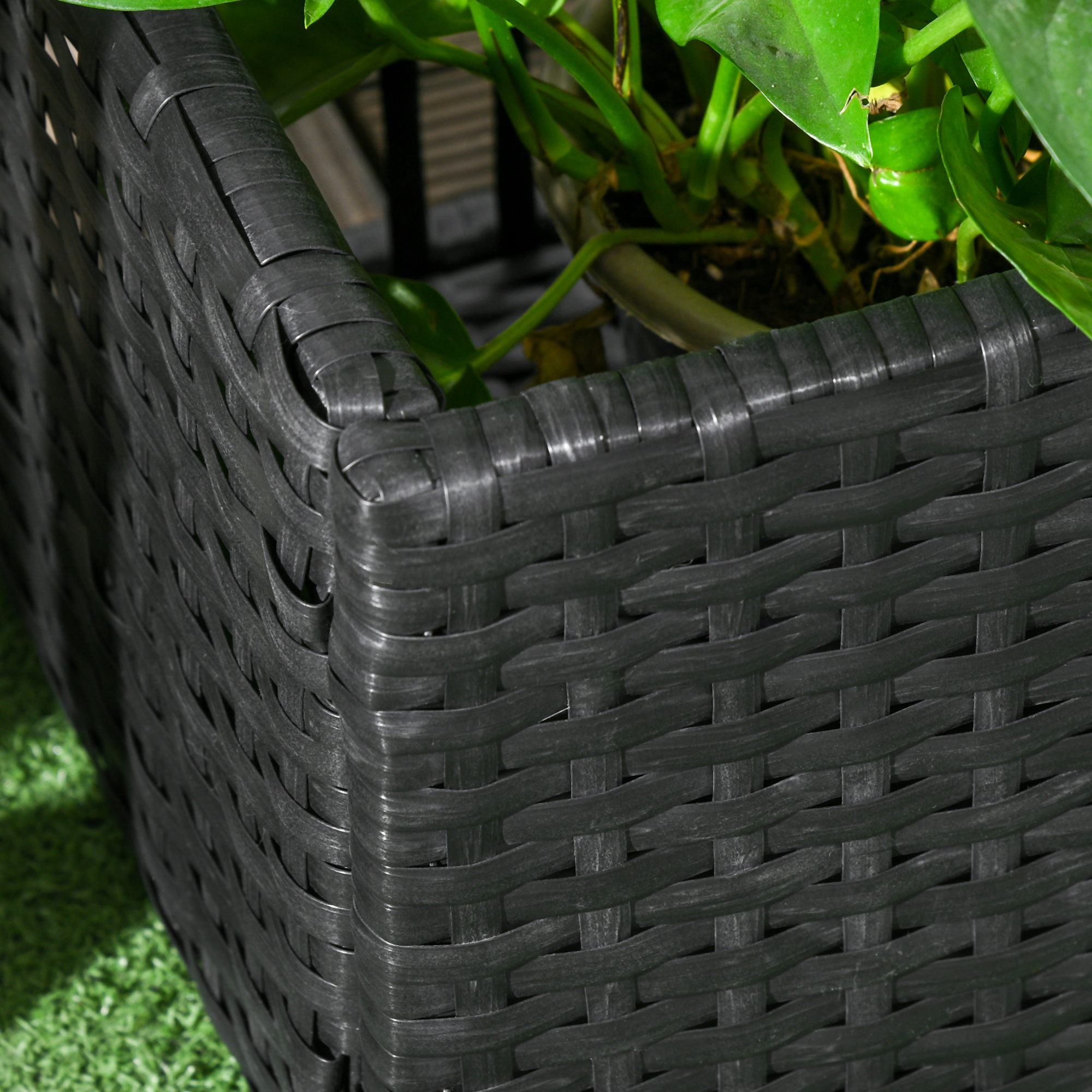 Blumenkasten mit Spalier, wetterfest, Polyrattan, 103 x 103 x 29 cm, Schwarz