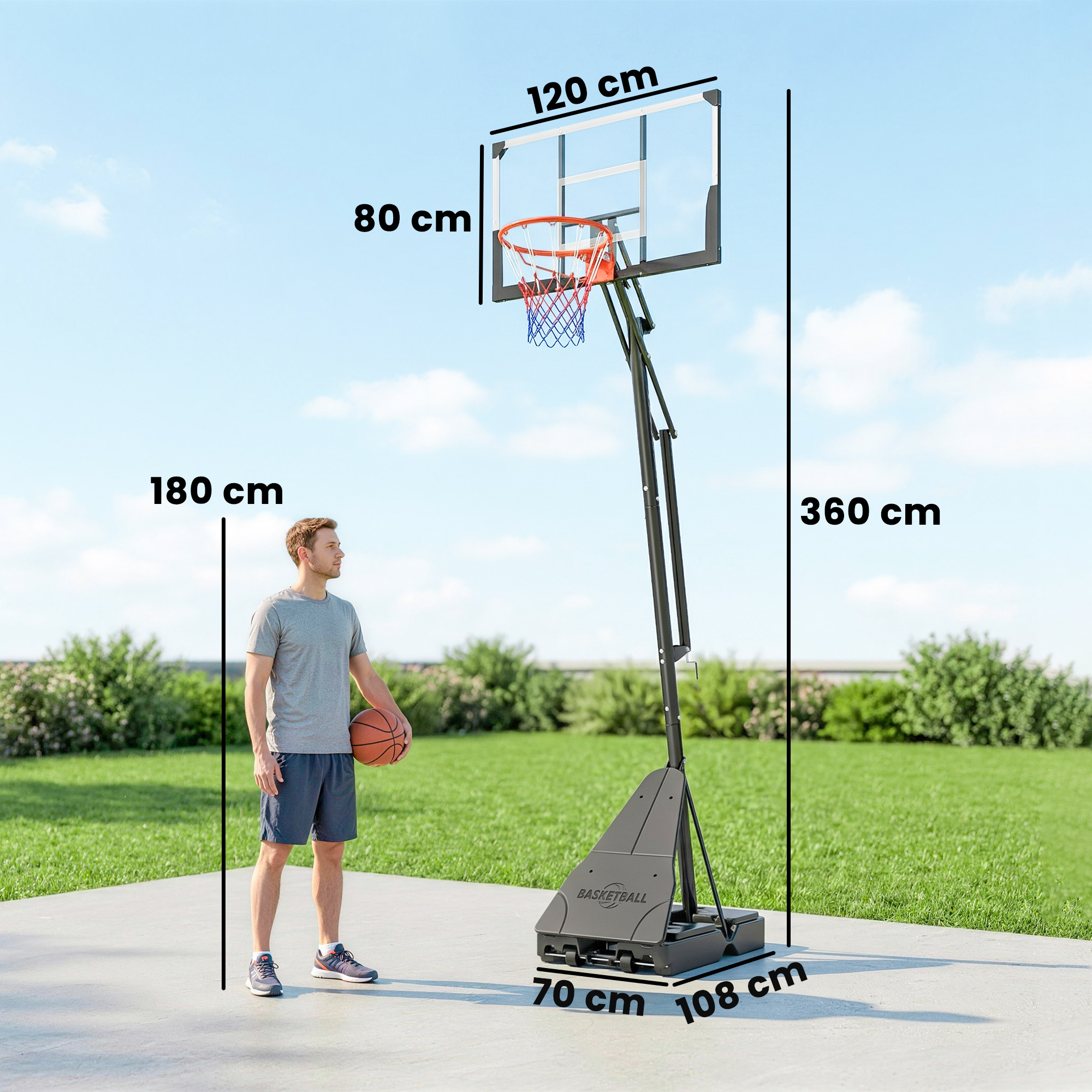Mobiler Basketballkorb, höhenverstellbar von 2,45-3,05 m, bruchsicheres Backboard, Handkurbel-Höhenverstellung