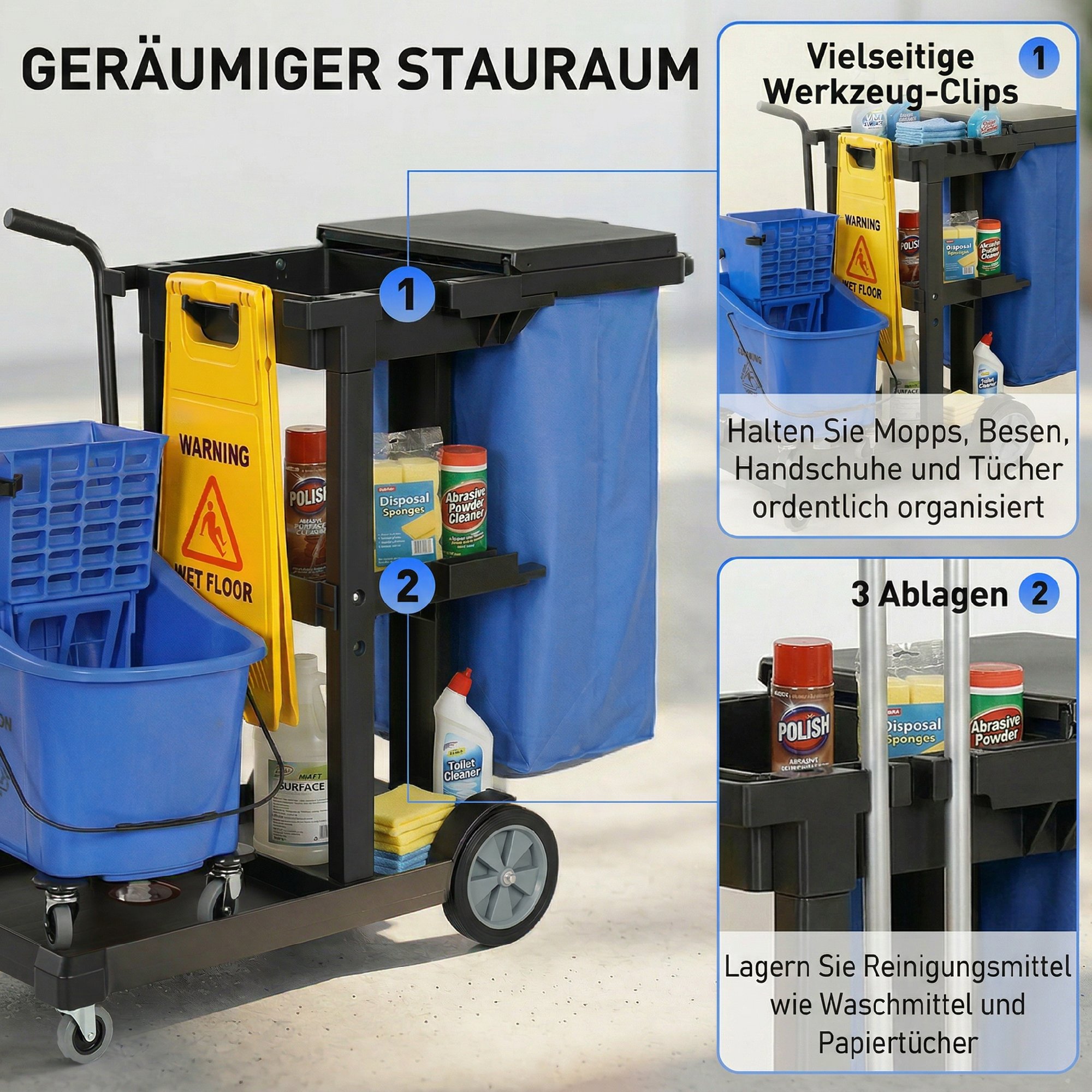 Reinigungskarre, Rollender Putzwagen mit 3 Ablagen, 70-Liter-Müllsack, Mop-Wringer-Eimer, Blau