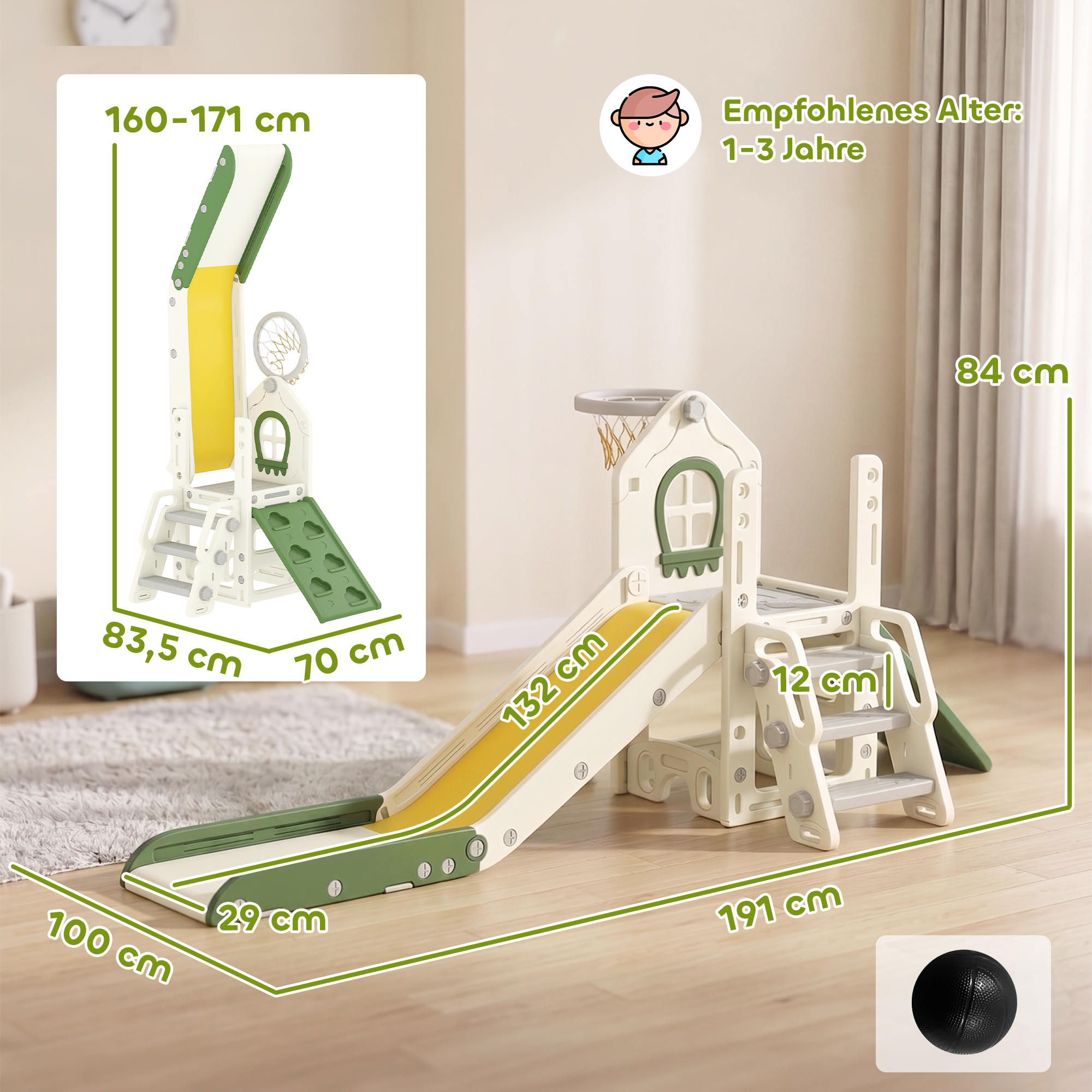 faltbare 4-in-1 Kleinkinderrutsche mit Kletterelement, Basketballkorb, Stauraum und Basketball für Kinder von 1-3 Jahren, Cremeweiß