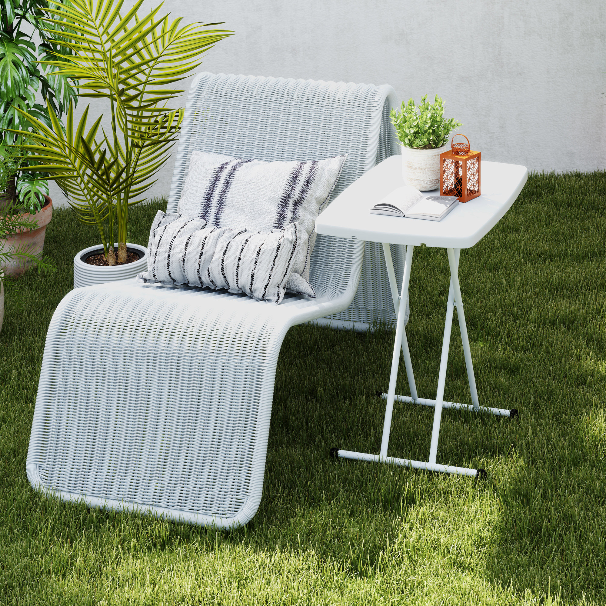 Gartentisch, Tragbarer Tisch für den Außenbereich aus Kunststoff und Metall, Bistrotisch, für Terrasse, Garten, Weiß