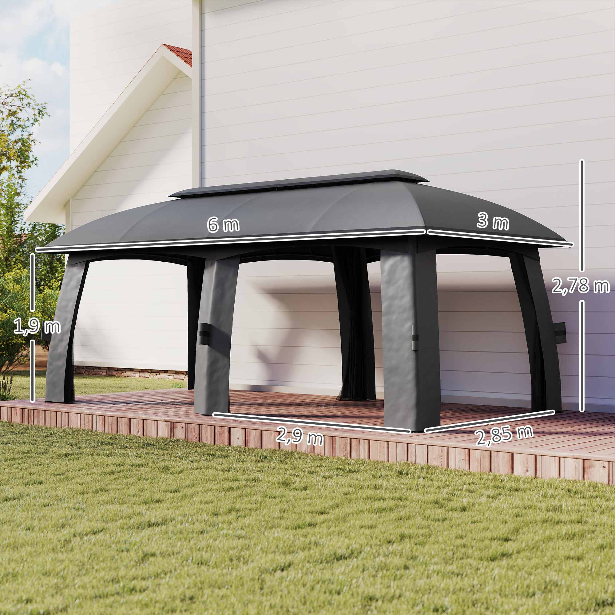 Pavillon, Partyzelt, mit Fliegennetzen, Winddach, bis 15 Personen, dunkelgrau, 3 x 6 x 3 m