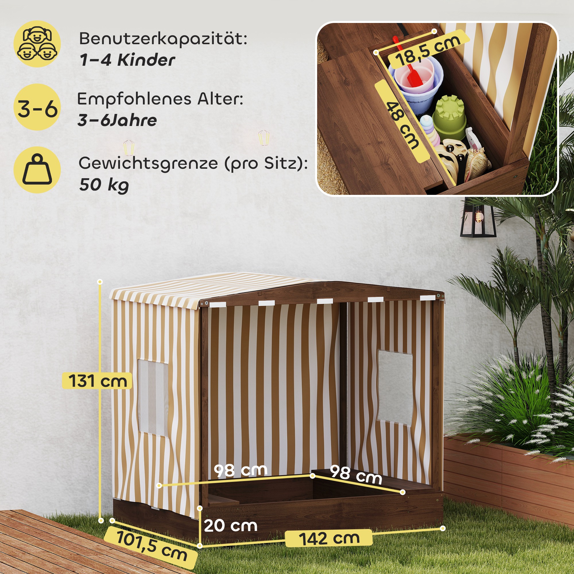 Sandkasten, Sandkiste mit Vordach und Netztür, Sitzbänke, Bodenschutz, Braun