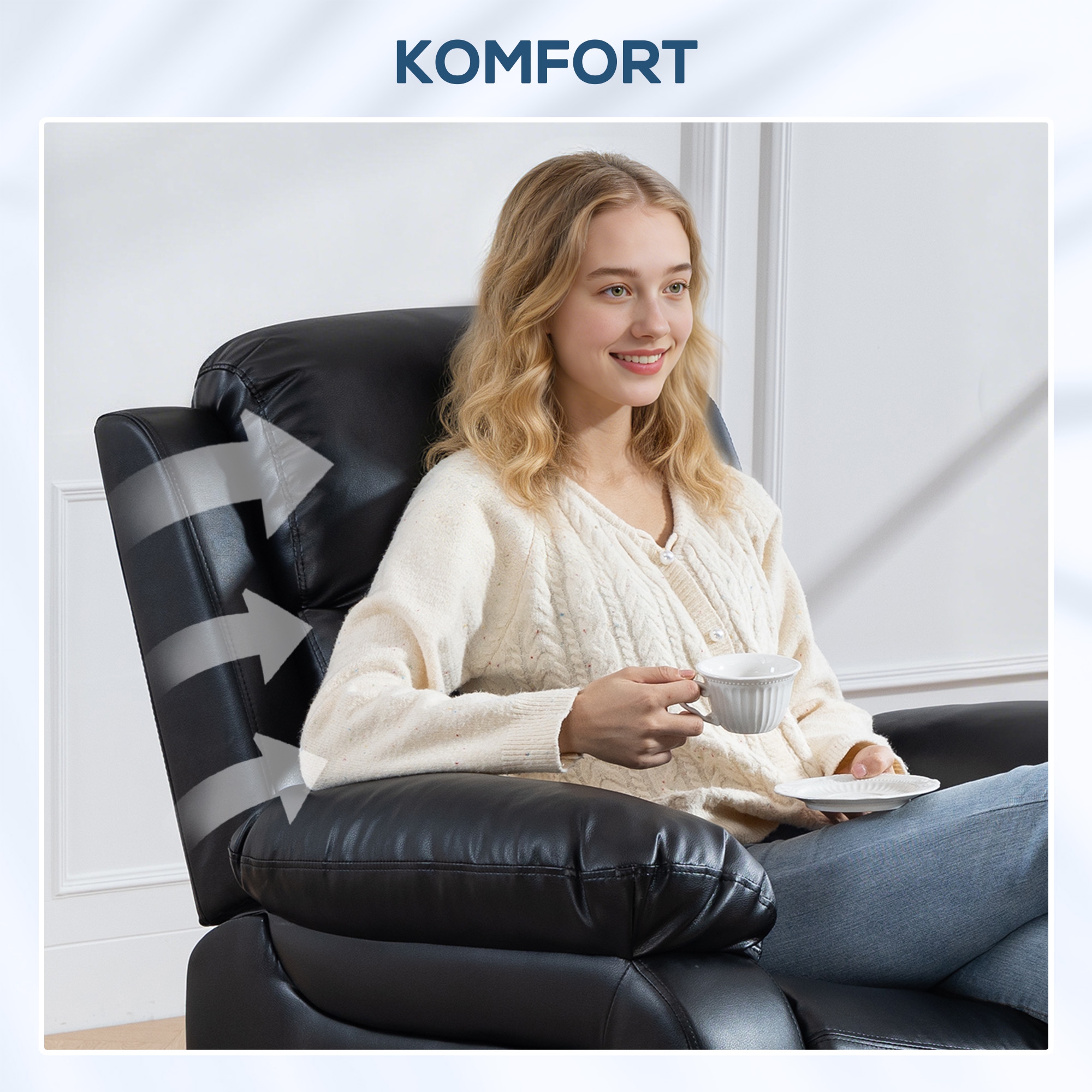Massagesessel mit 8 Vibrationsköpfen, Relaxsessel, verstellbare Rückenlehne + Fußstütze, Schwarz