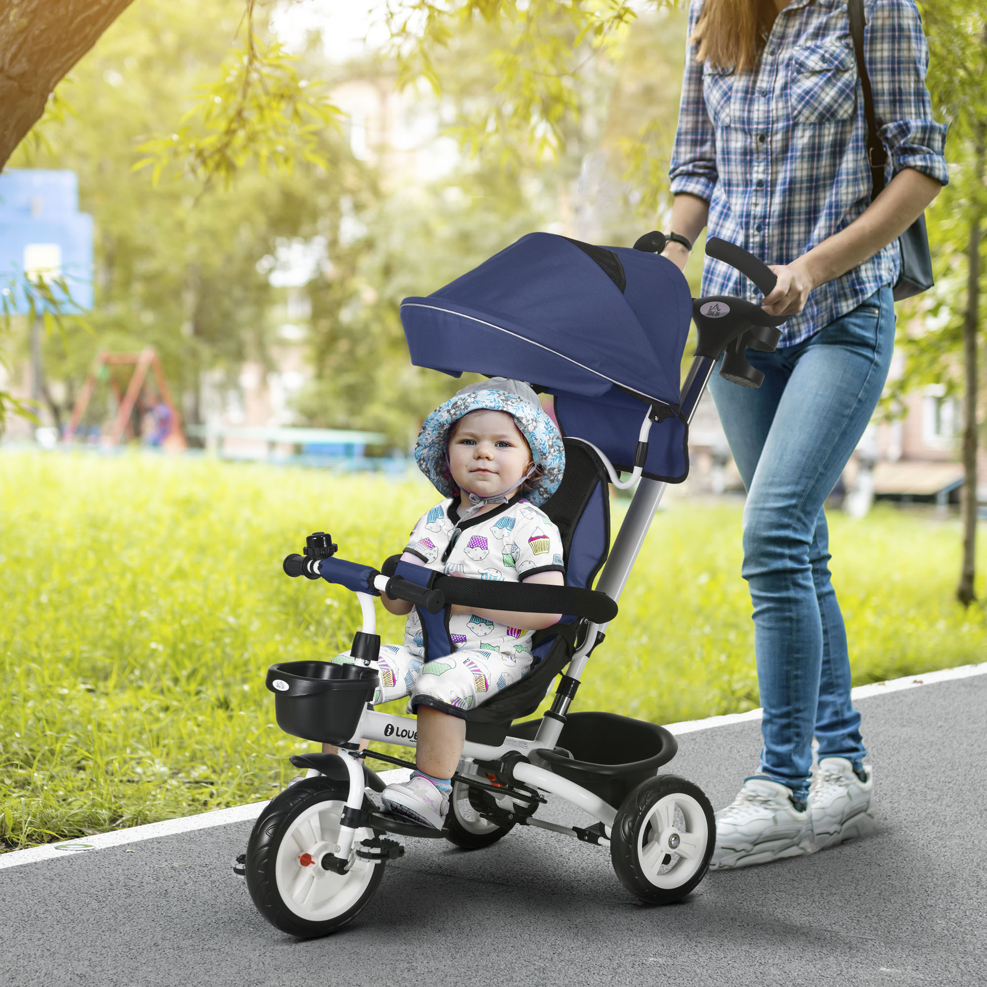 6-in-1 Kinderdreirad mit Schiebestange, Dach, Gurt, Ablagekorb, 18+ Monate, Dunkelblau