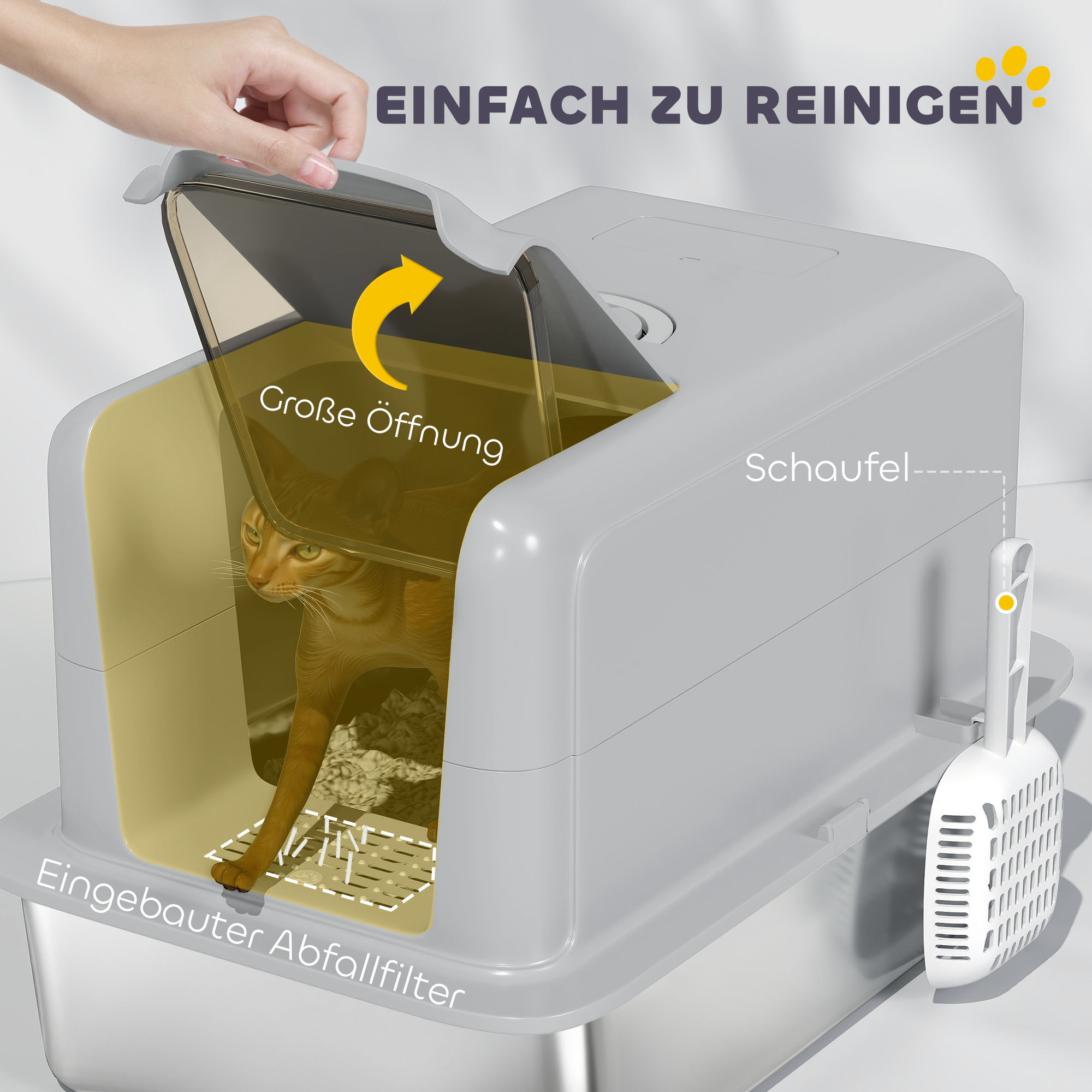 Katzentoilette, Wanne aus Edelstahl, Filter, Schaufel, für Katzen bis 6 kg, 40,5 x 60,5 x 41,5 cm, Grau/Silber