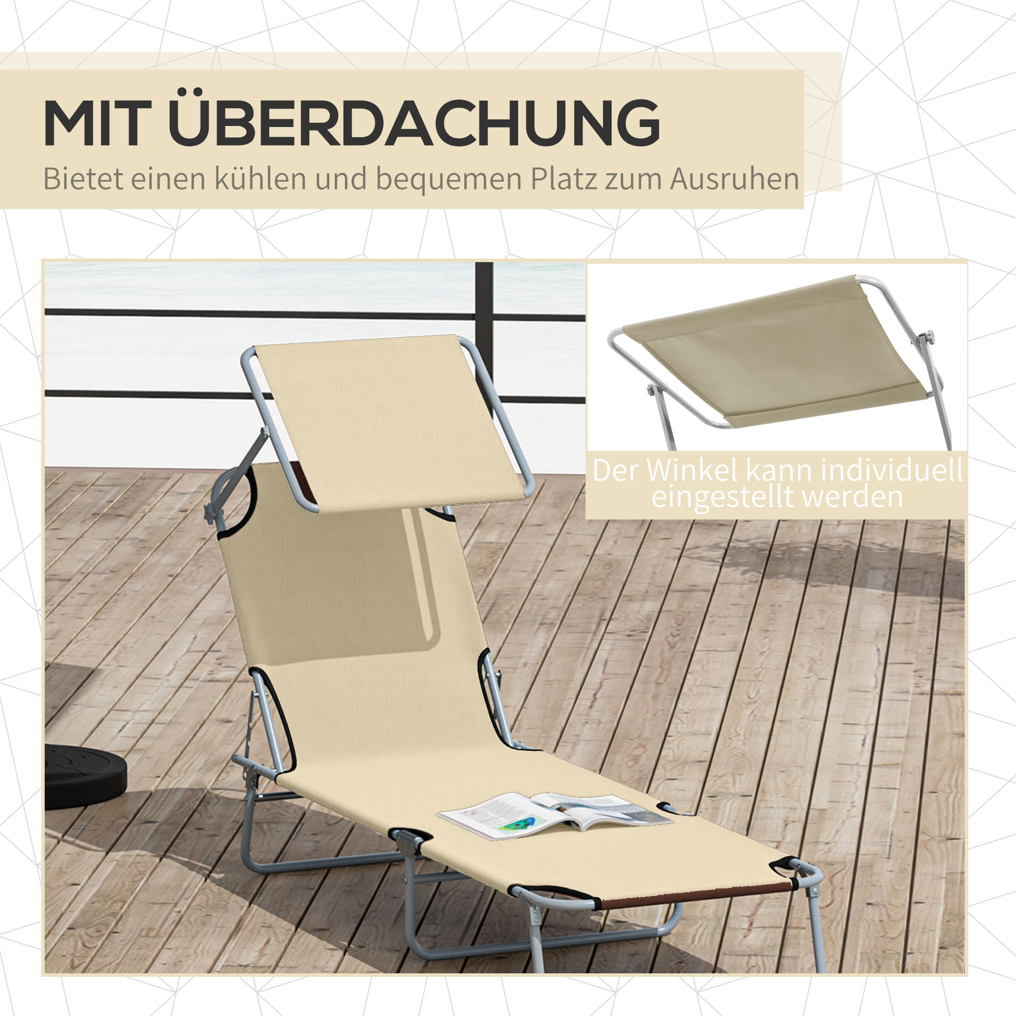 Sonnenliege klappbar Gartenliege mit Dach, Liegestuhl mit 4-Fach verstellbare Rückenlehne, wetterfeste Campingliege bis 120 kg belastbar, für Garten Strand Pool, Beige