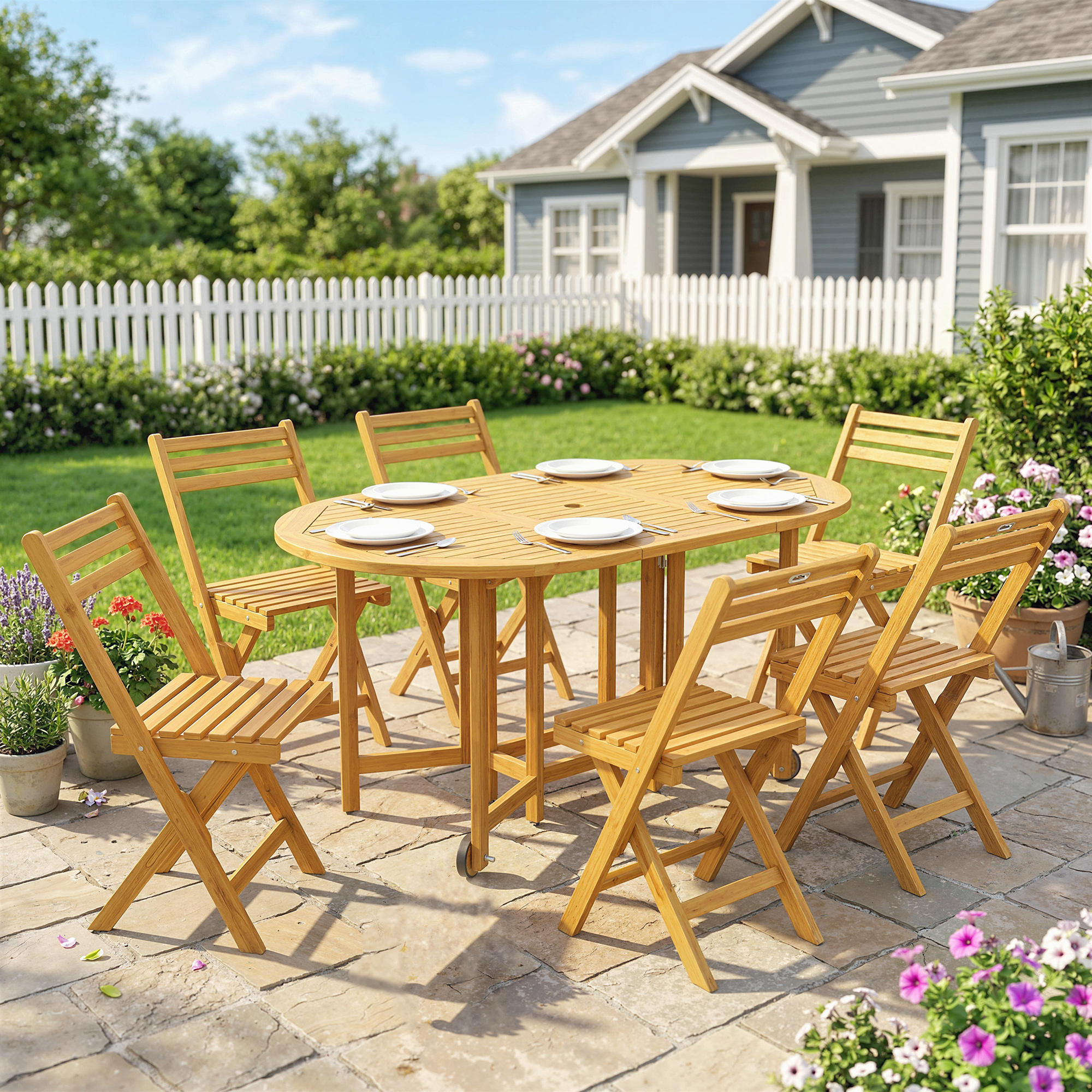 Gartenmöbel Set FSC Holz Sitzgruppe 7-teilig Klappbar Tisch mit 6 Klappstühlen Schirmloch Lamellendesign