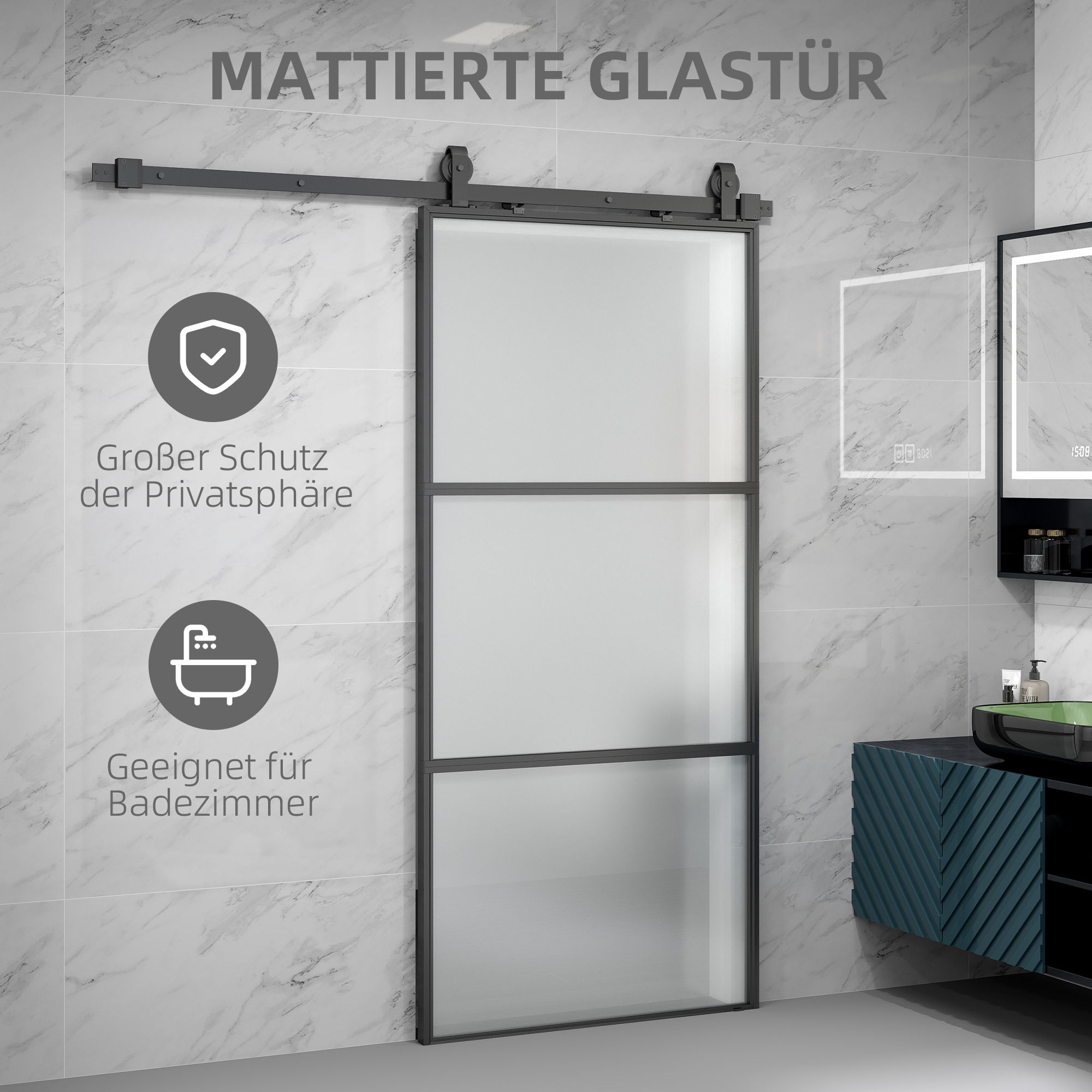 Schiebetür mit Milchglas, Schienensystem, Montagesatz, Soft-Close-Mechanismus, leichter Zusammenbau, Stahl, Schwarz