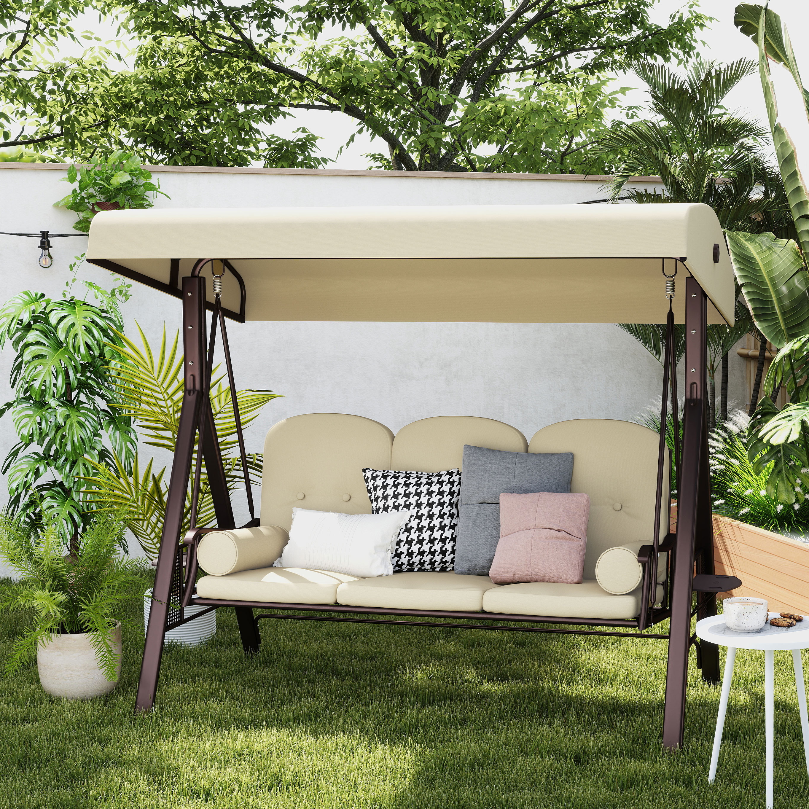 3-Sitzer Hollywoodschaukel Gartenschaukel mit Sonnendach Kissen Metall Polyester Khaki 116 x 206 x 183 cm