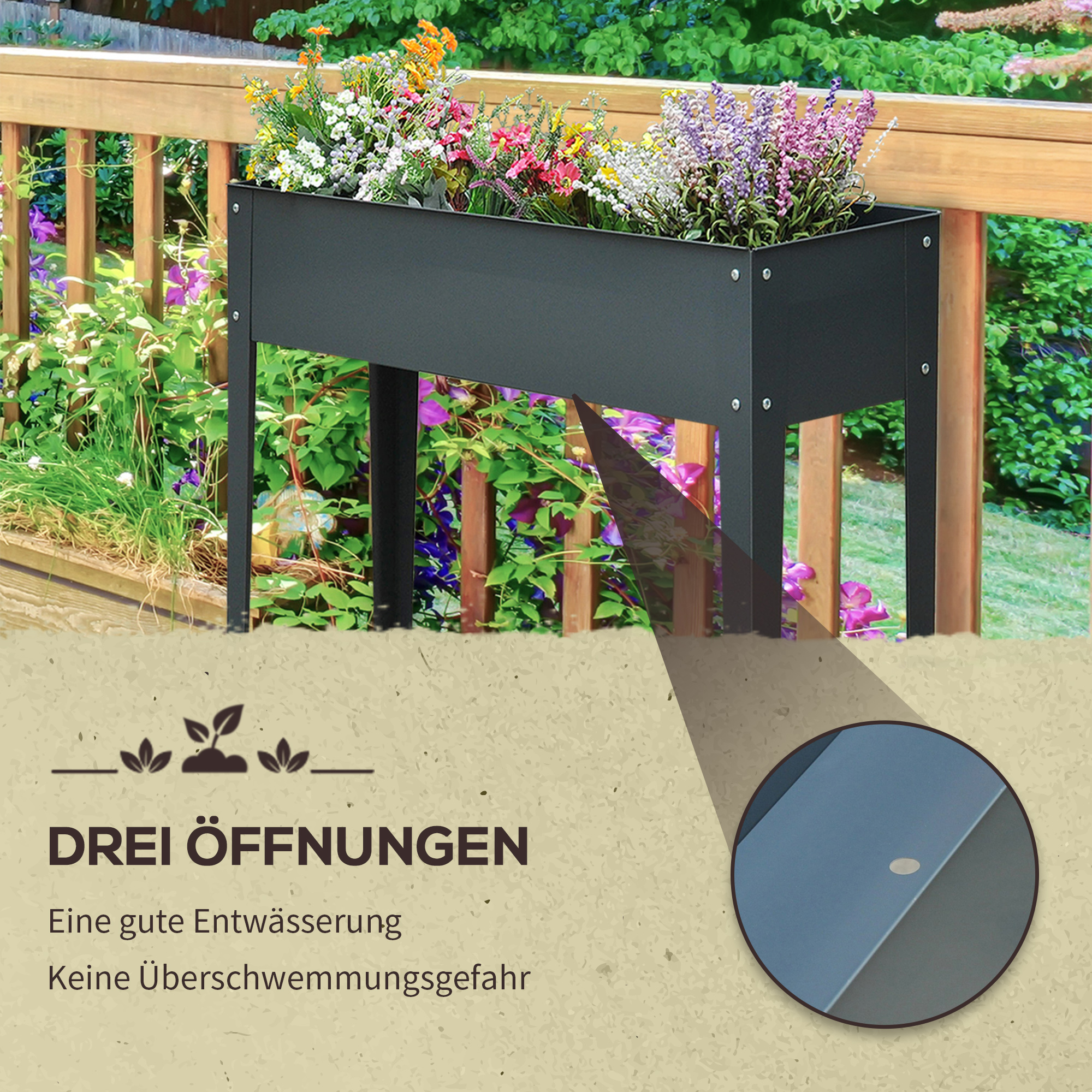 Hochbeet, Kräuterbeet, Pflanzkasten mit 3 Abflusslöchern, Blumenkasten mit Füßen, Metall, 100 x 30 x 80 cm