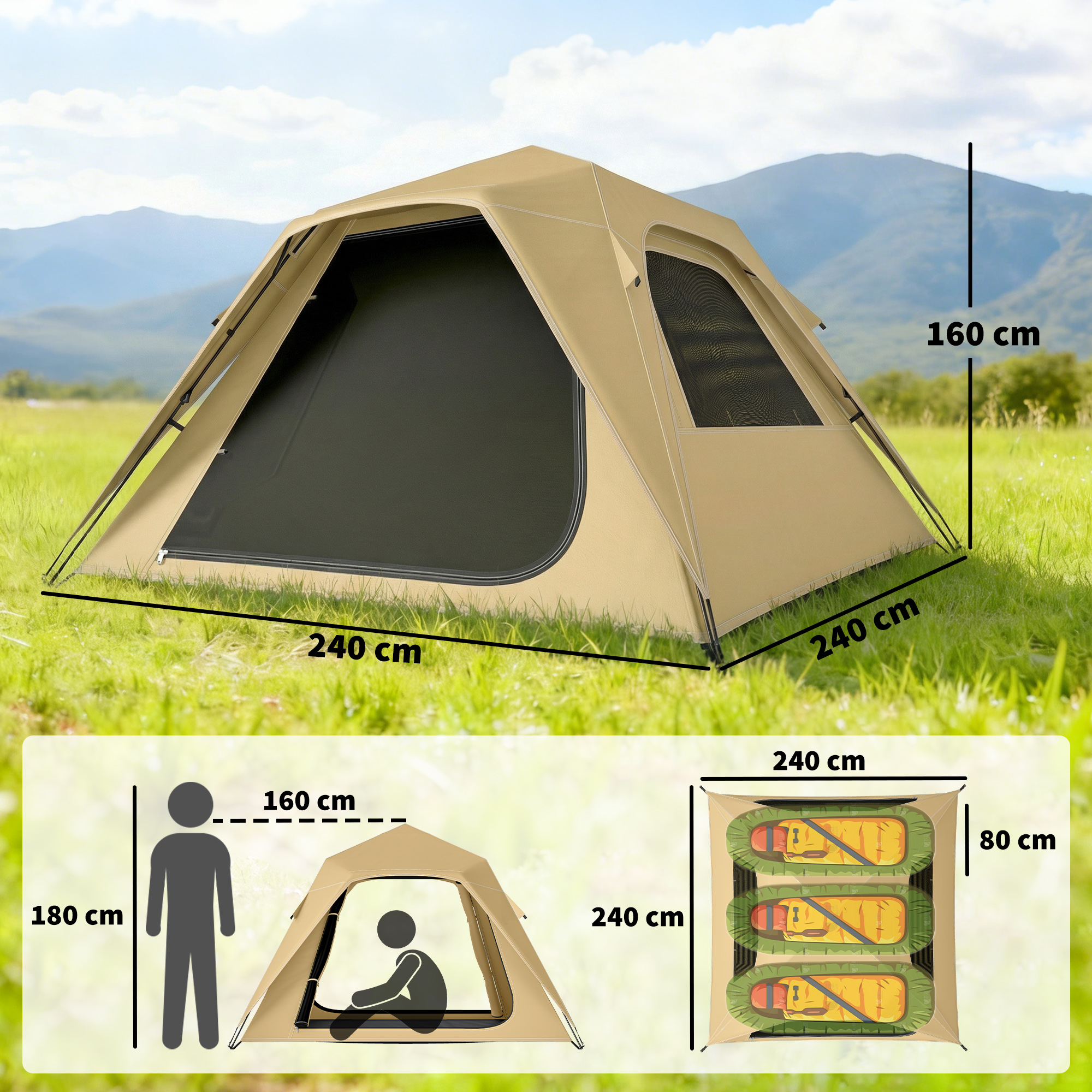 Instant-Pop-Up-Zelt mit Regenschutz, wasserdicht Kuppelzelt für 2-3 Personen mit 2 Türen 2 Fenstern 240x240x160 cm Khaki
