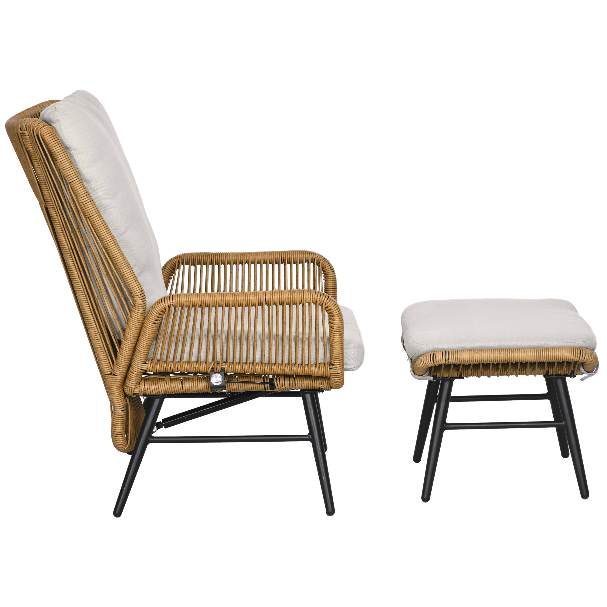 Polyrattan Gartenstuhl und Hocker, verstellbare Lehne, Hellbraun/Grau/Schwarz